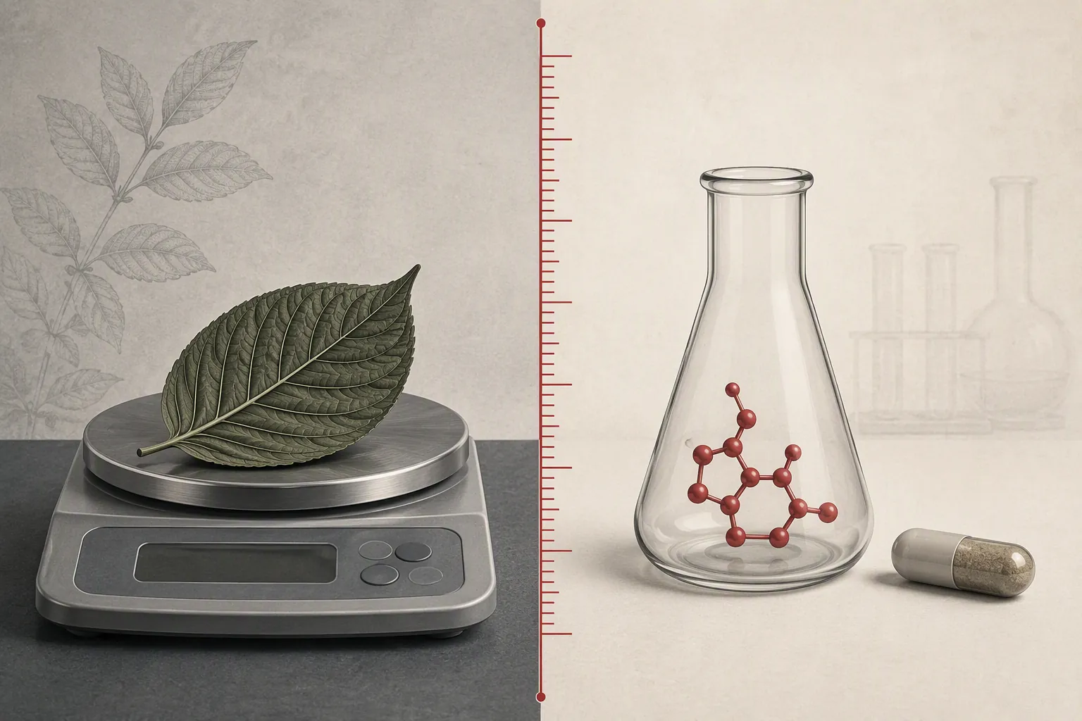 Split illustration of botanical kratom dry-weight measurement and processed-product per-article threshold measurement