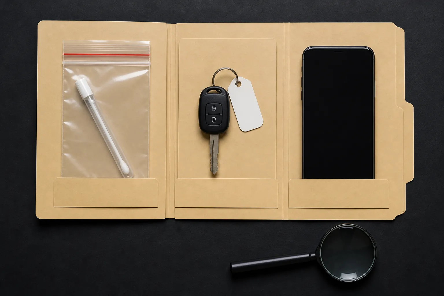 Case file with DNA swab, car key, smartphone, and magnifying glass