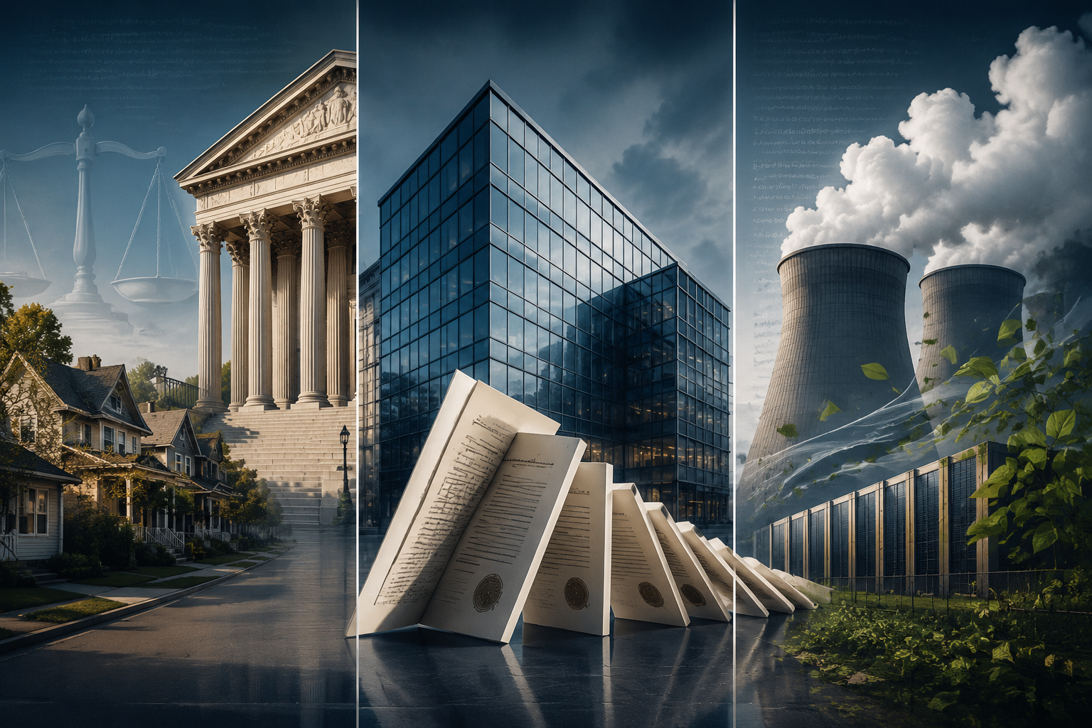 Three-part illustration of community zoning challenges, developer countersuits, and environmental or nuisance claims involving data centers