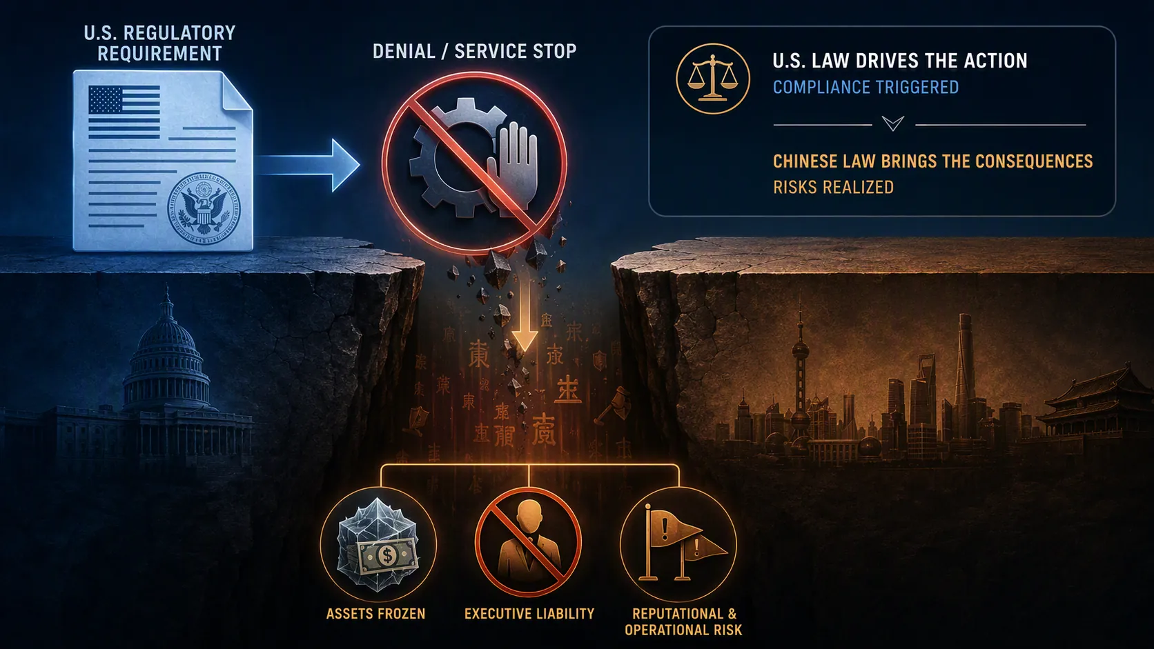 Compliance trap flow from regulatory document to denial and consequence icons