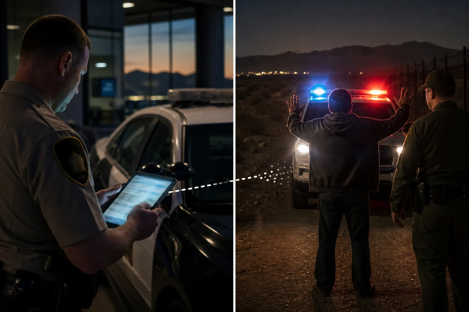 Split scene showing an AI-generated police report on one side and a nighttime detention on the other, separated by a broken dashed line