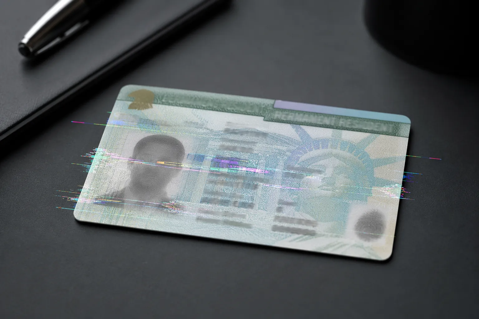 Permanent resident card on a dark desk with digital glitch distortion