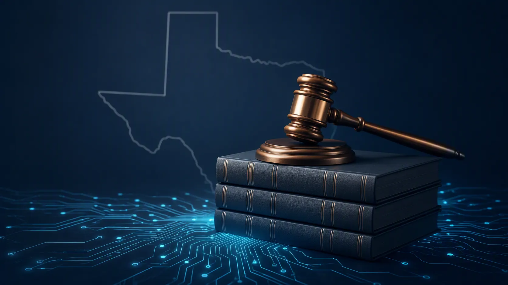 Bronze gavel on statute books with digital circuit lines and a faint Texas outline