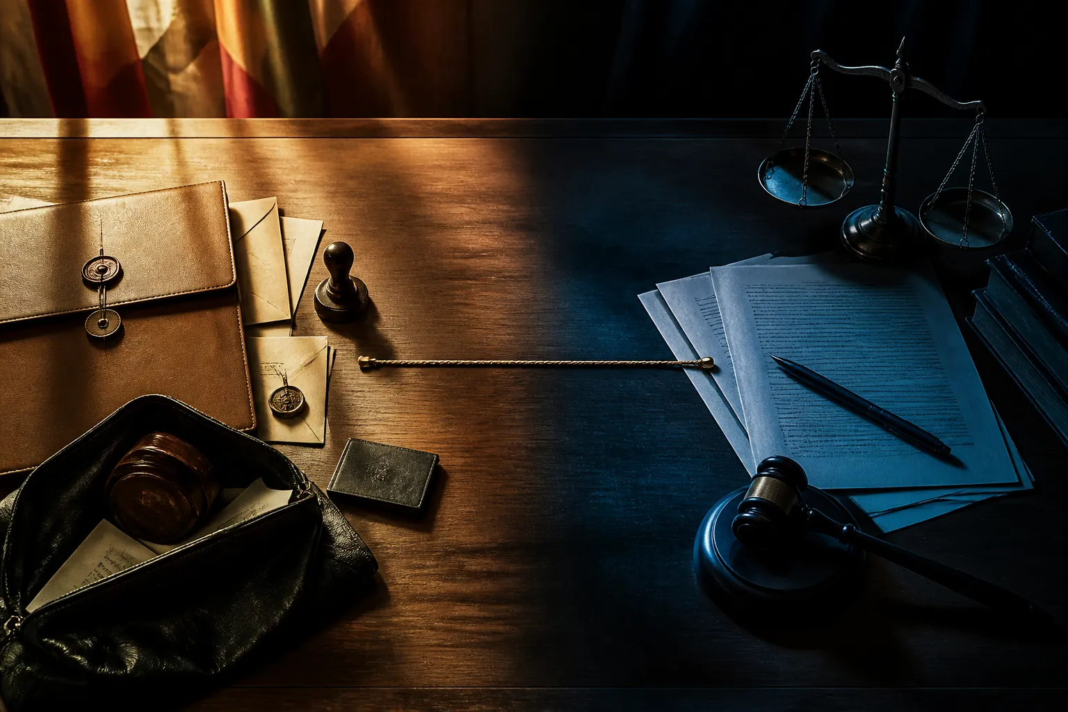 Diplomatic documents and a legal gavel connected by a thin golden thread across a divided desk