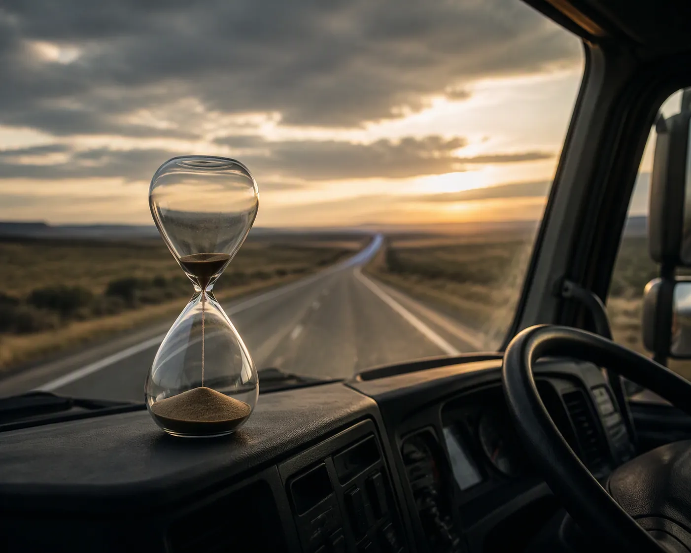 An hourglass on a semi-truck dashboard with the highway ahead, emphasizing the temporary eligibility window.