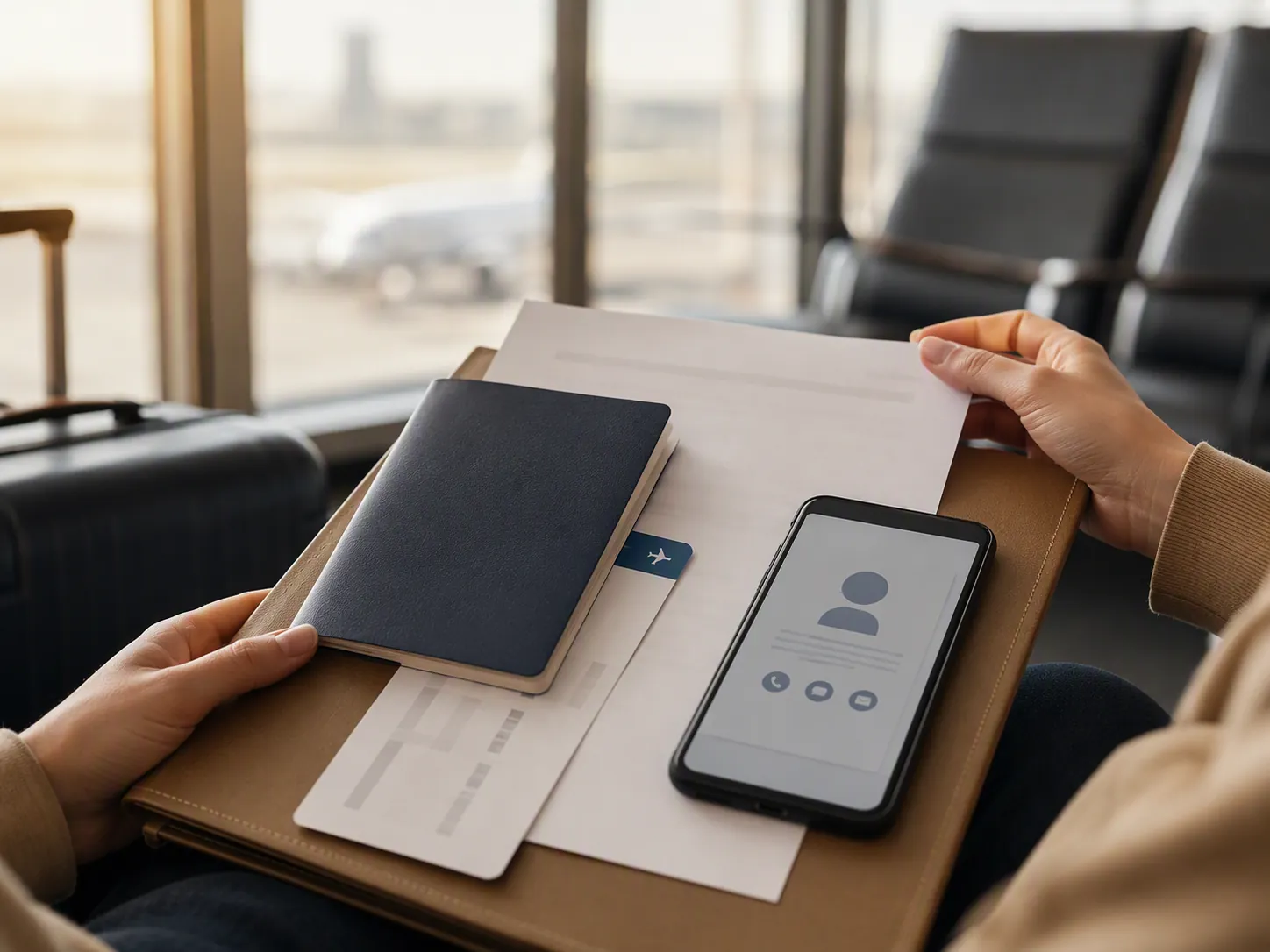 Traveler preparing passport, immigration approval letter, saved contact card, folder, and boarding pass at an airport gate