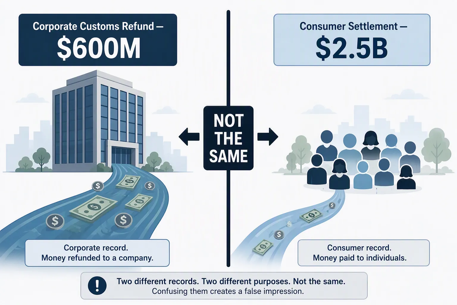 Two separate financial streams showing a corporate refund divided from a consumer settlement