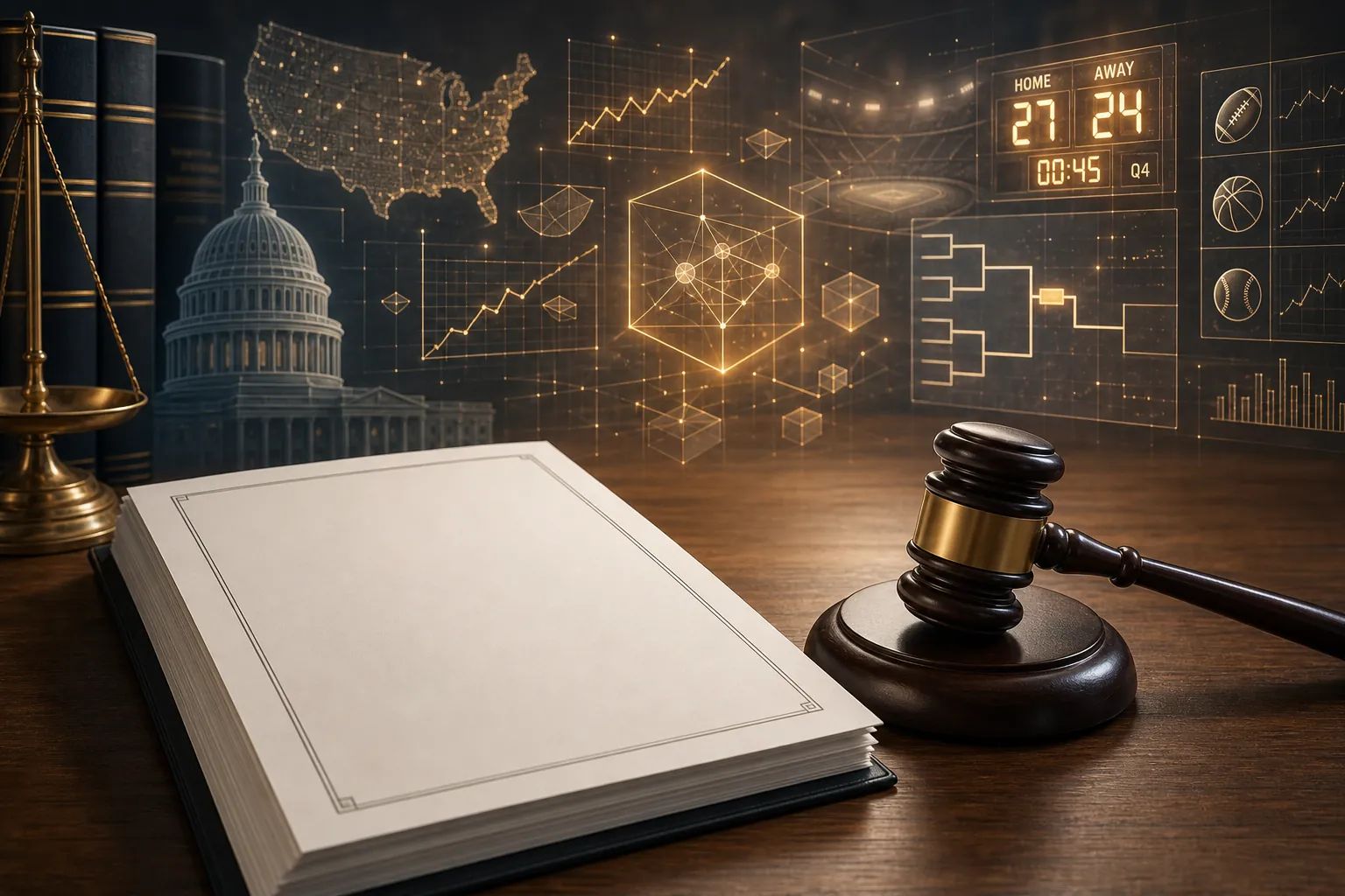 Legal documents and prediction market data imagery representing federal regulation of sports prediction markets
