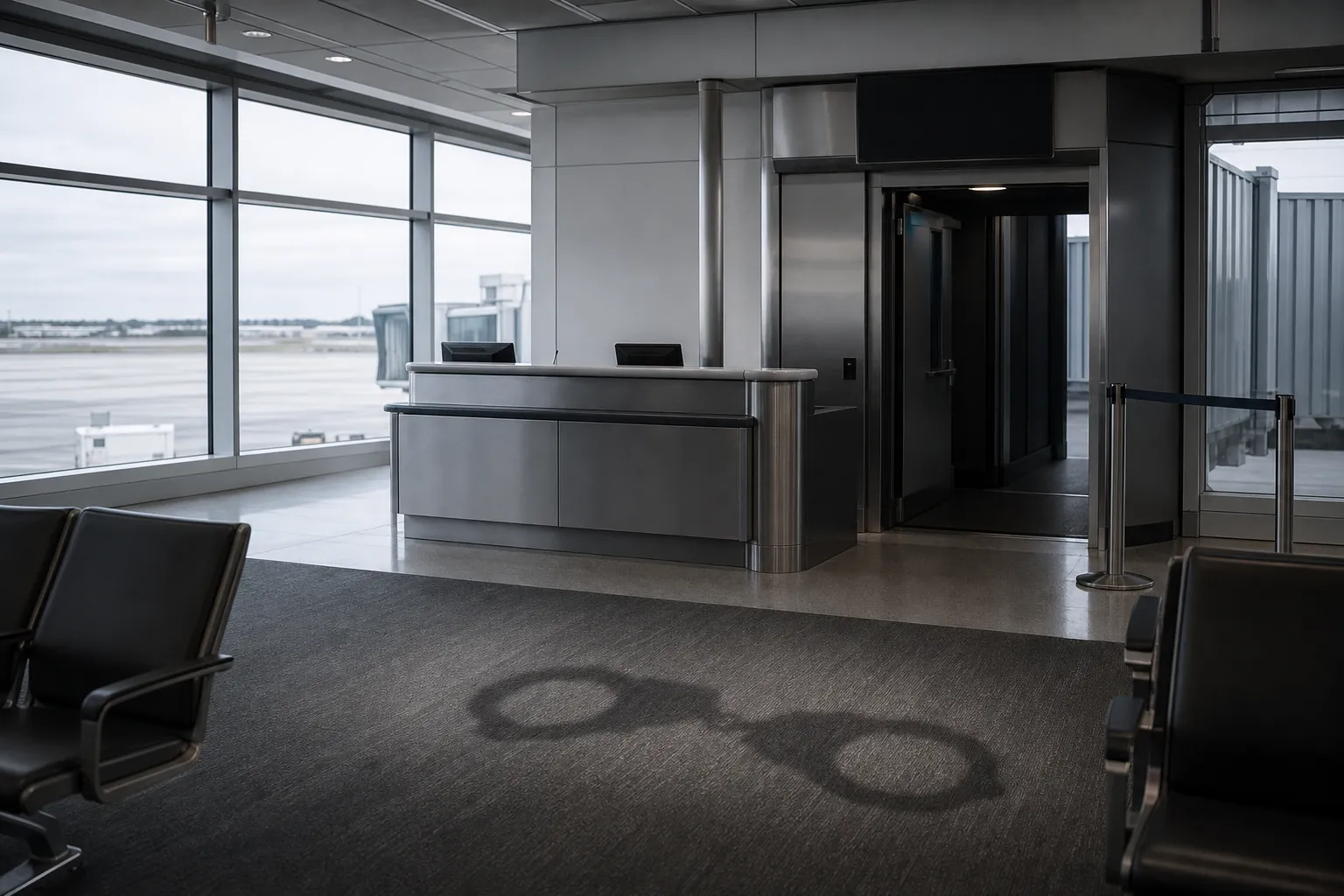 Empty airport boarding gate area with a faint handcuff shadow on the terminal floor