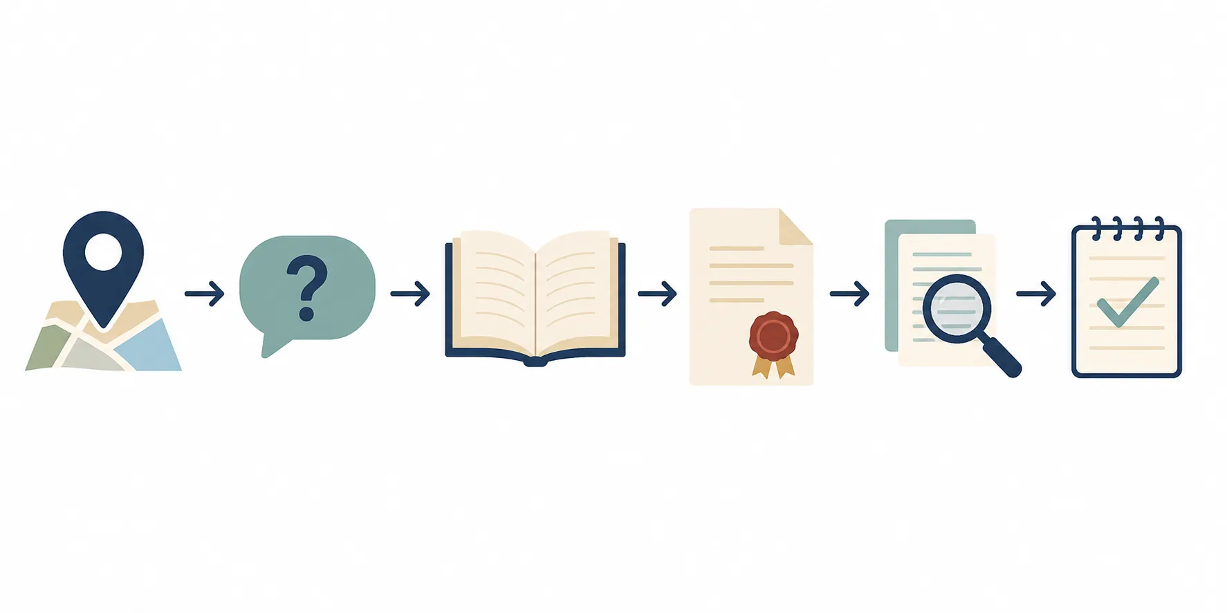 Six-step verification workflow with icons for jurisdiction, claim, statute, recorded document, review, and verification note