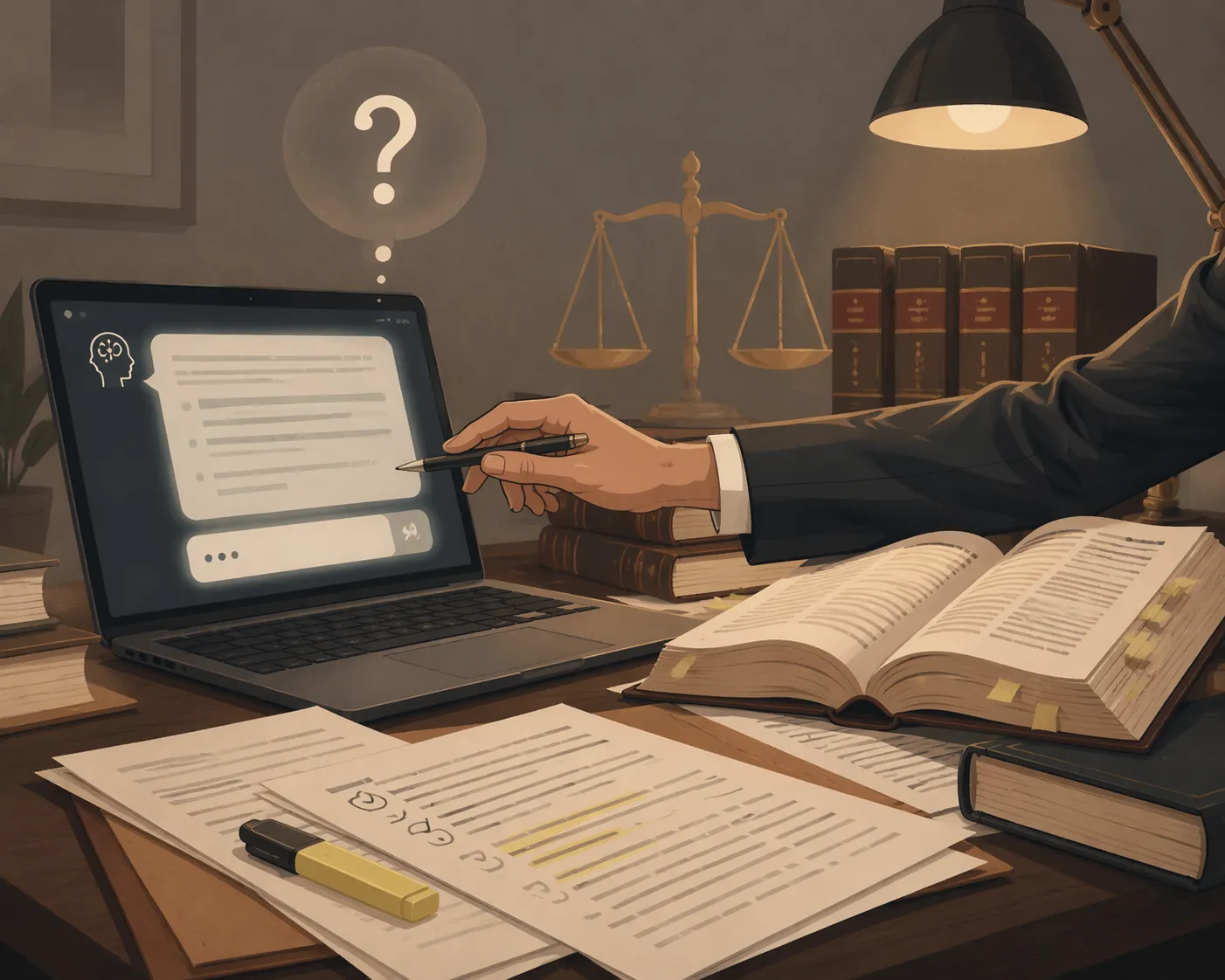 Legal workspace with an AI chat interface beside open law books and checked printed documents