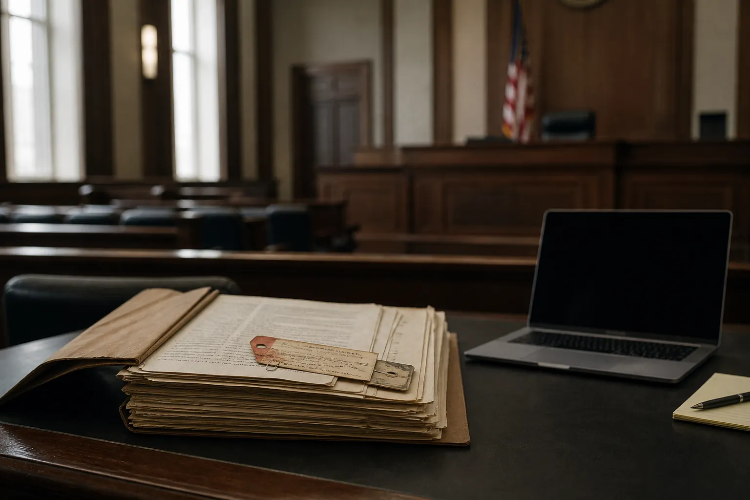 Empty federal courtroom with old case papers, baggage tag, and laptop on counsel table