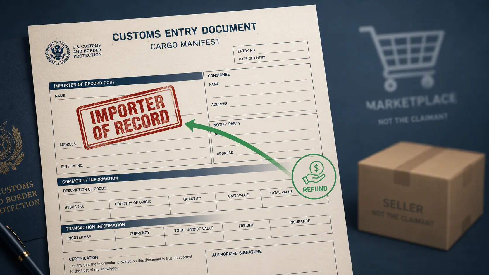 Customs entry document stamped importer of record with a refund arrow and blurred shopping cart in the background