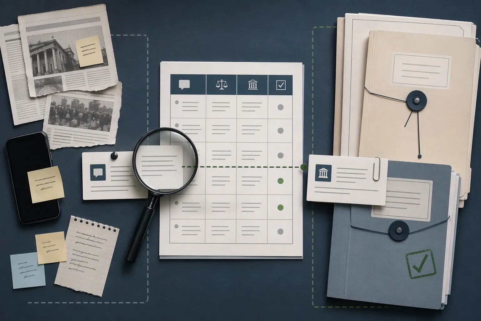 Overhead legal research workspace with a structured verification grid, loose clippings, sealed folders, and a magnifying glass connecting a claim card to a record folder