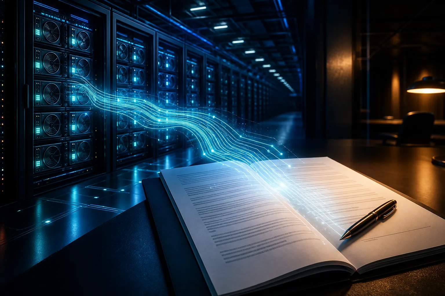 GPU server racks connected to a legal contract document, showing compute economics flowing into procurement decisions