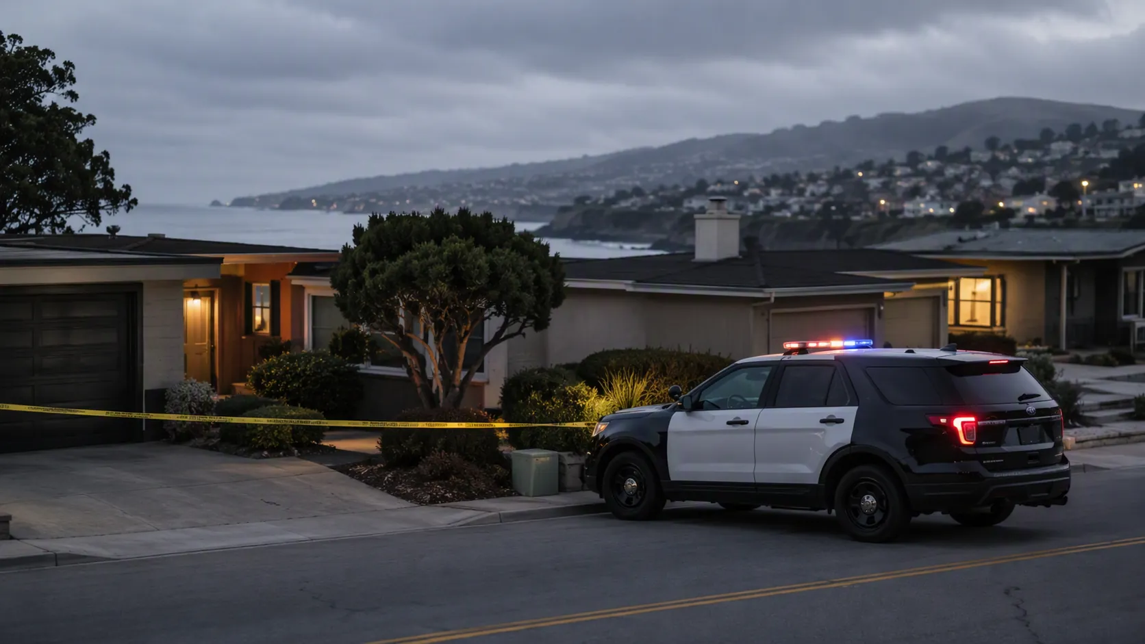 Quiet residential street at dusk with police vehicle lights and crime scene tape