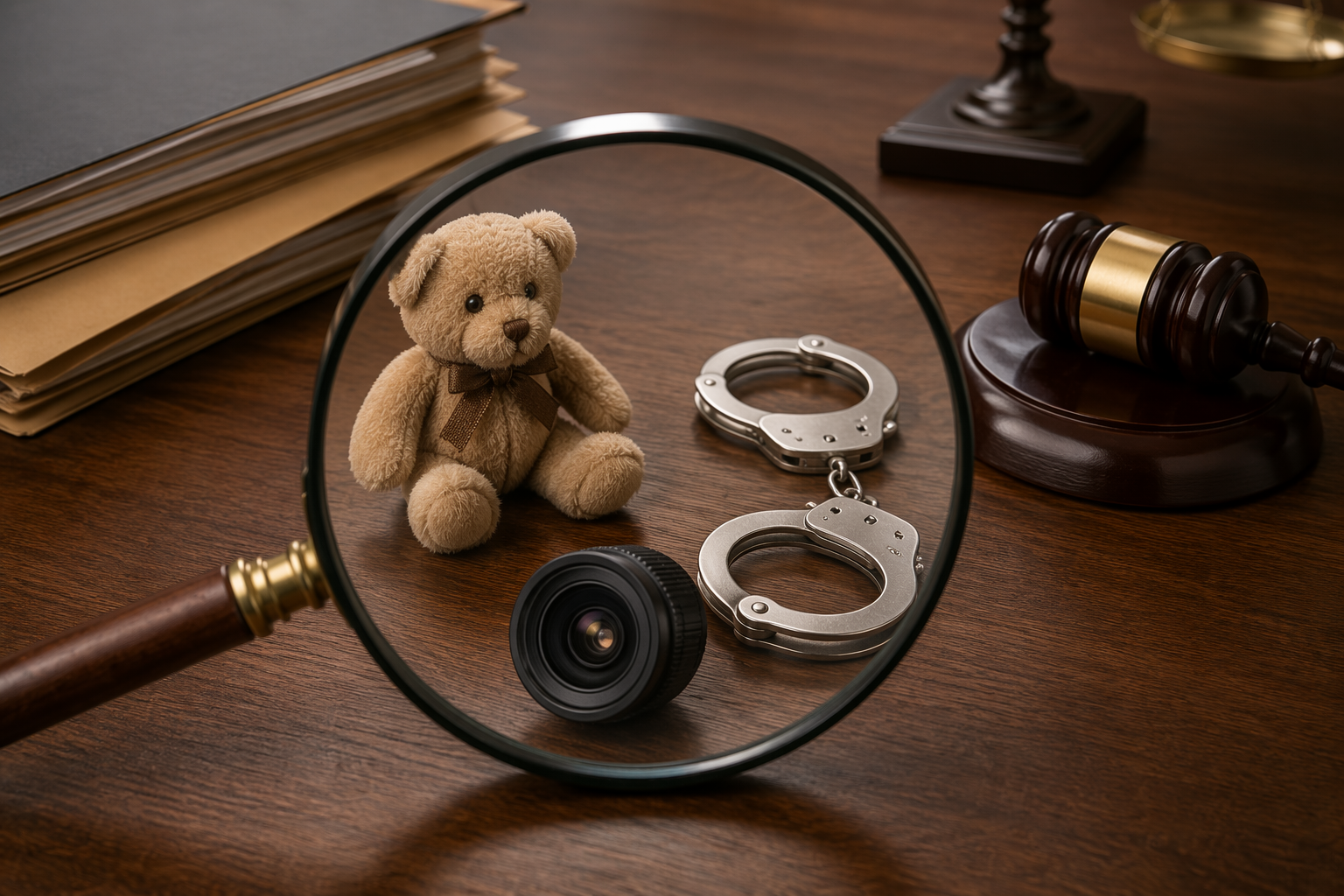Evidence items including a teddy bear, handcuffs, camera lens, and gavel on a desk