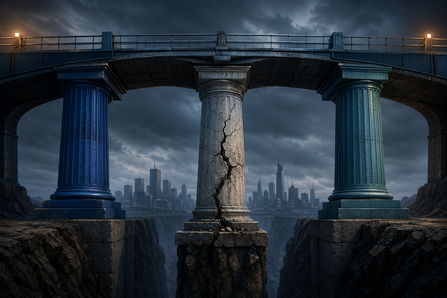 Bridge-like legal architecture with cracked pillars representing DHS funding disruption and CISA staffing losses