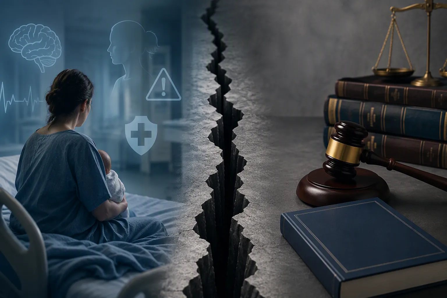 Hospital and courtroom split by a visual crack showing the gap between postpartum psychosis as a psychiatric emergency and DSM-5 classification in court