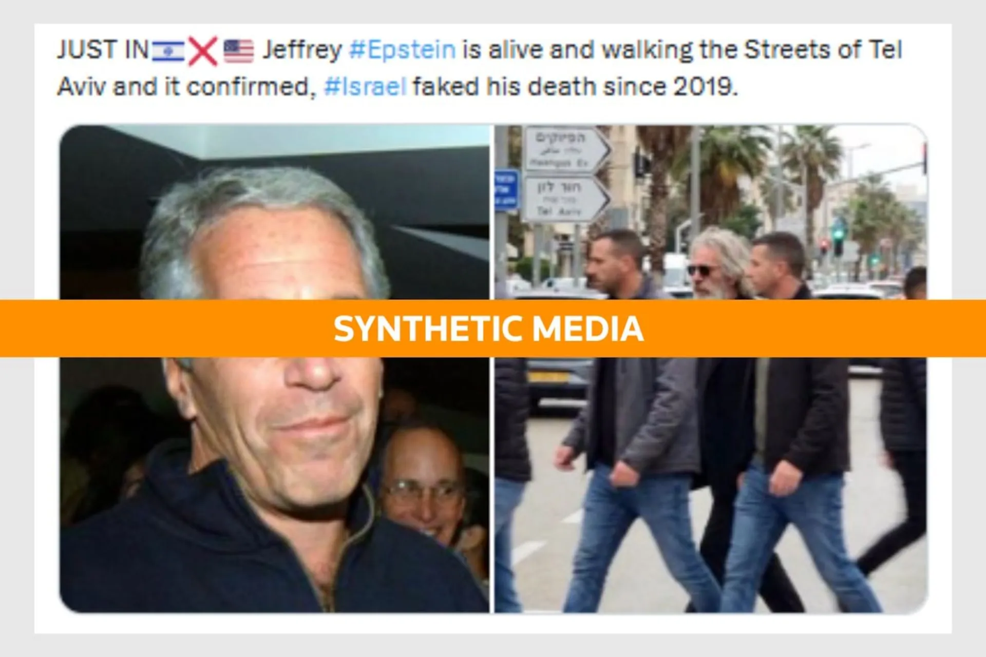 AI-generated image falsely depicting Jeffrey Epstein alive on a street in Tel Aviv