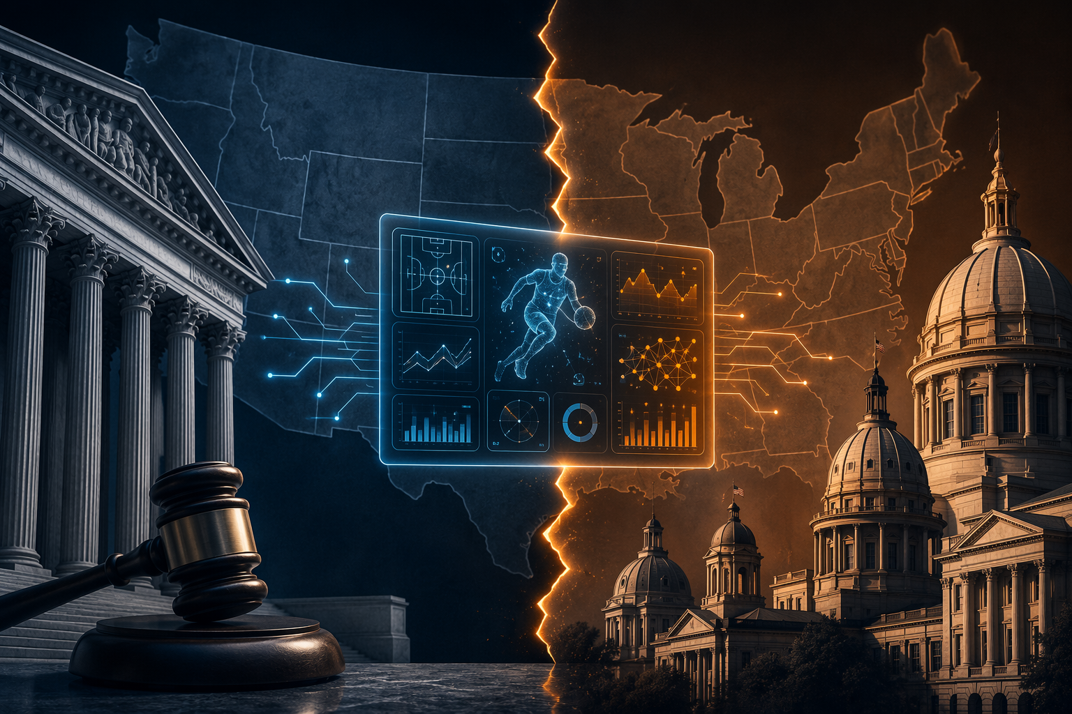 Split US map showing federal and state forces around an AI sports prediction dashboard