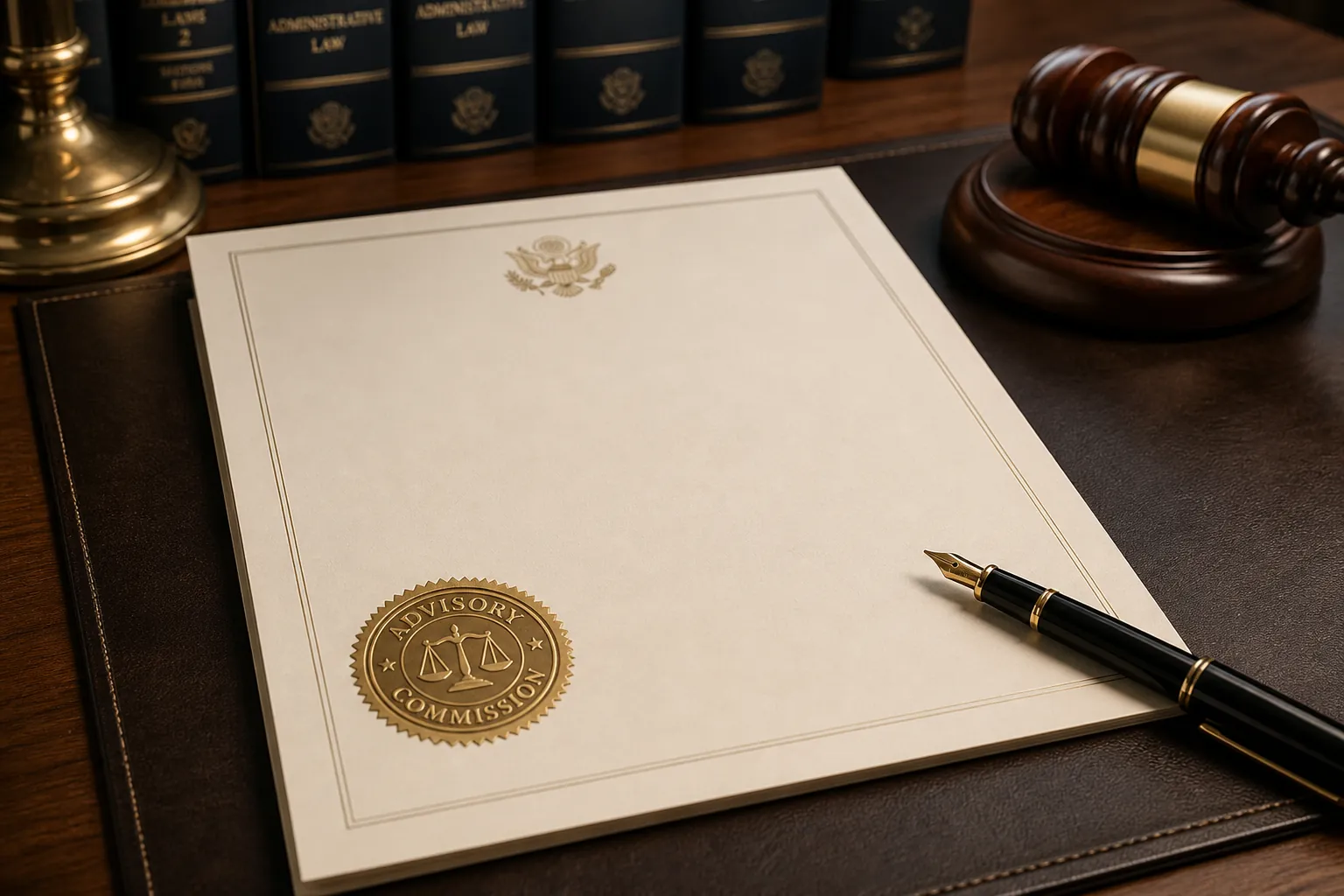 Formal executive order document on a desk with an advisory commission seal, fountain pen, gavel, and legal books