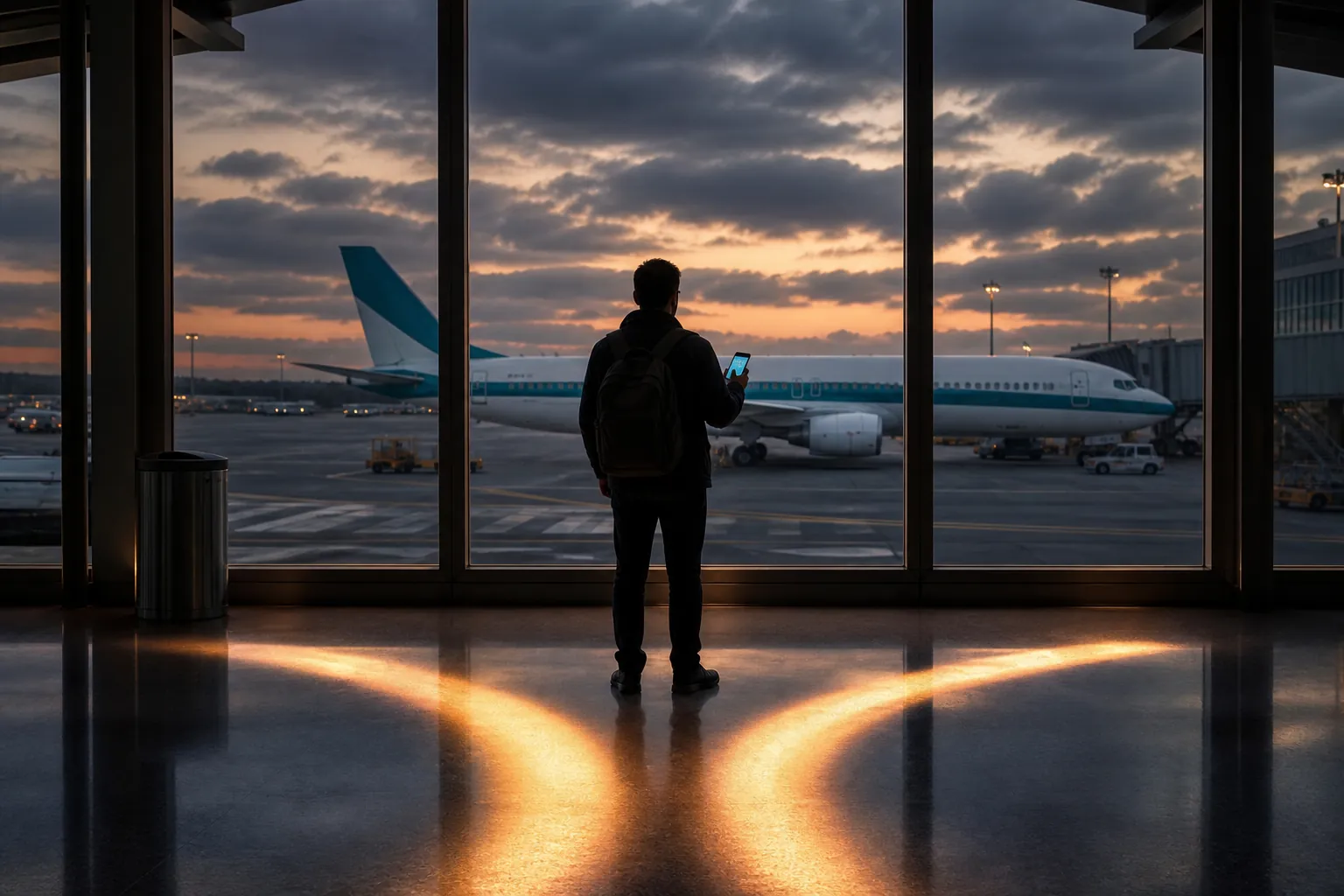 Traveler at an airport window holding a smartphone while deciding what to do about a disrupted flight