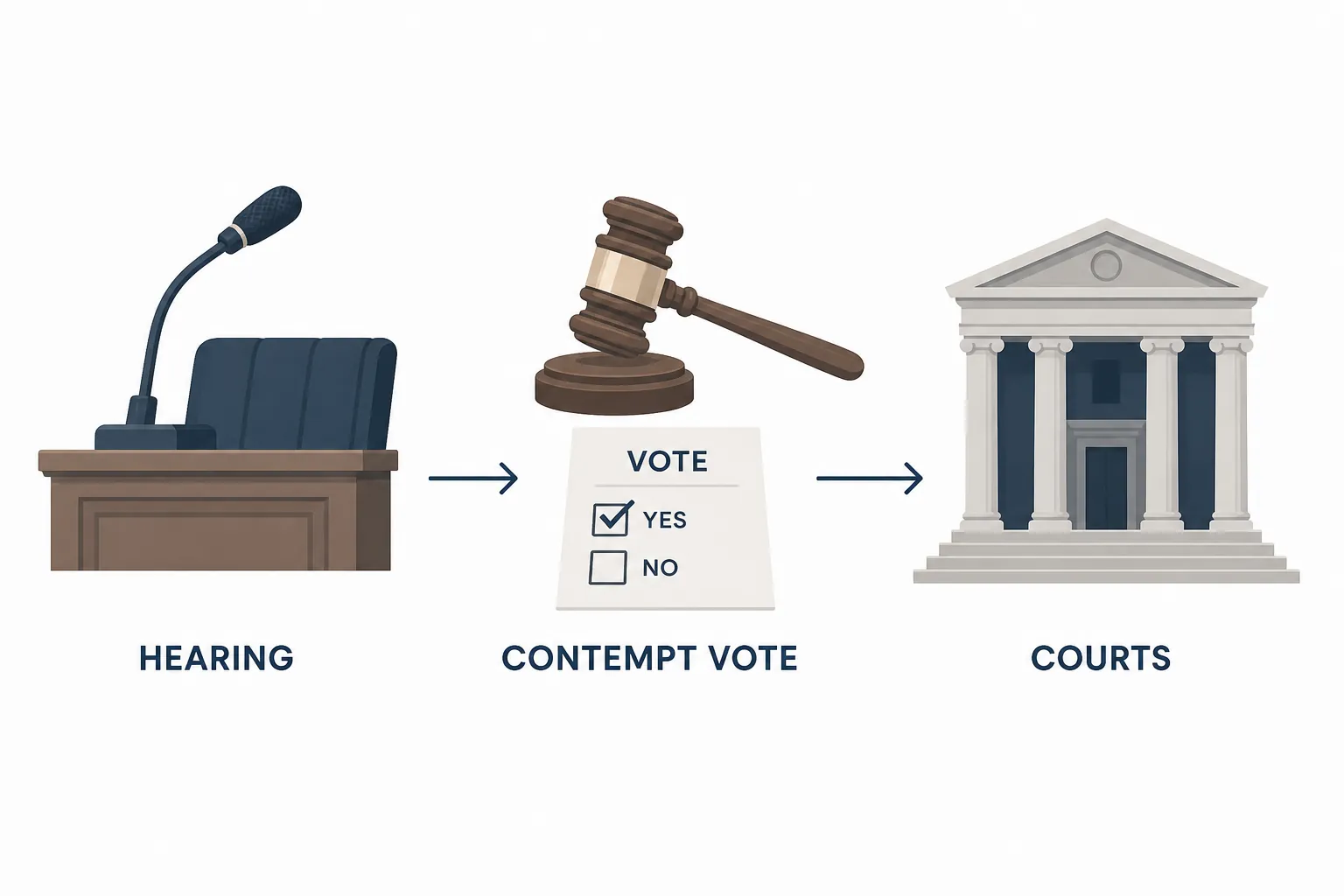 Diagram showing a hearing microphone leading to a contempt vote and then to a courthouse