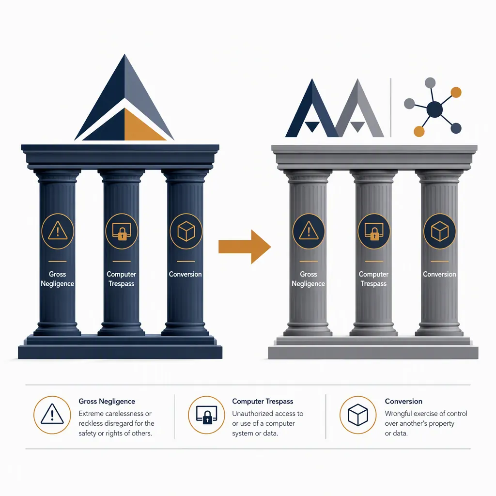 Legal diagram connecting Delta claims for gross negligence, computer trespass, and conversion to a possible American Airlines vendor claim