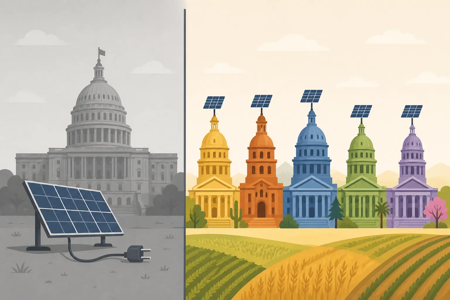 Federal building silhouette with disconnected solar panel beside varied state capitols with solar panels