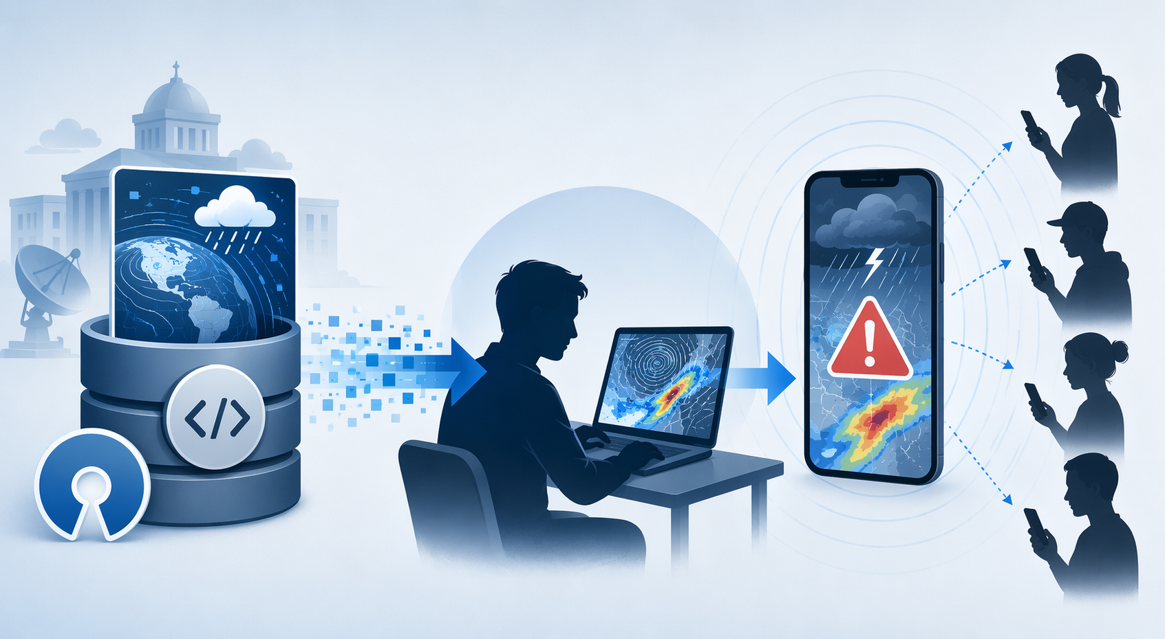 Flow from open-source weather code to an individual user and then to public smartphone weather warnings