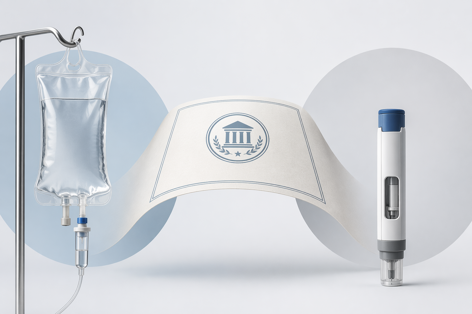 An IV bag and a subcutaneous injector connected by a single regulatory document