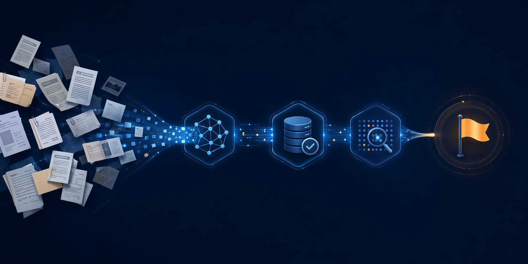 Documents passing through classification nodes and database checkpoints before an alert appears