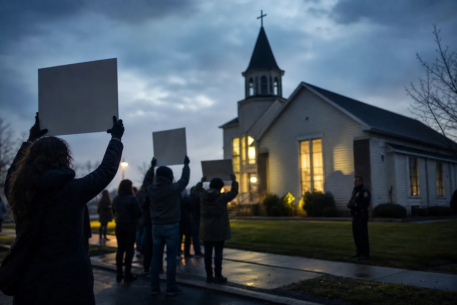 Protesters outside a warmly lit church while a police officer stands in the distance