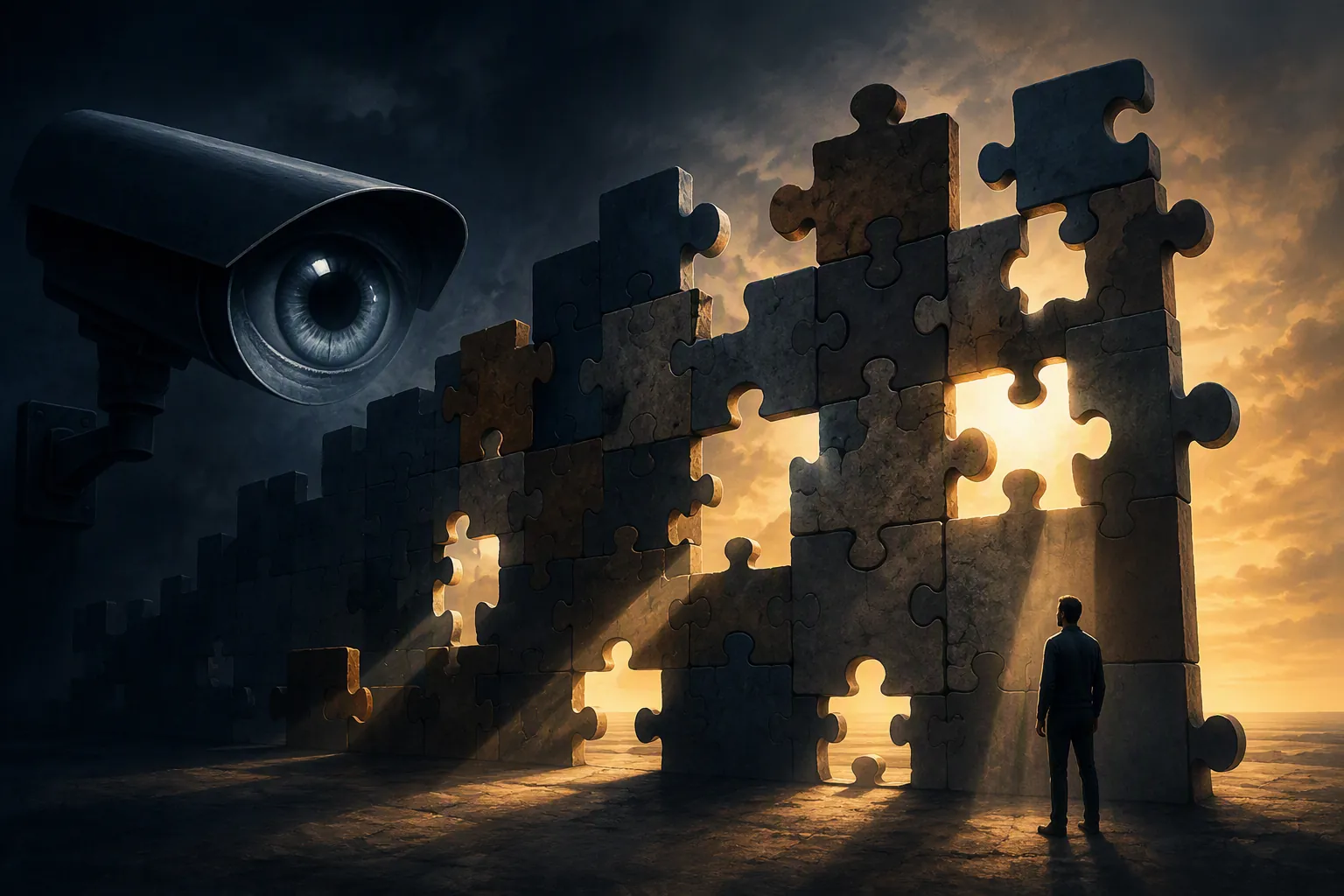 Mismatched legal guardrails with missing pieces between a surveillance camera eye and a human figure