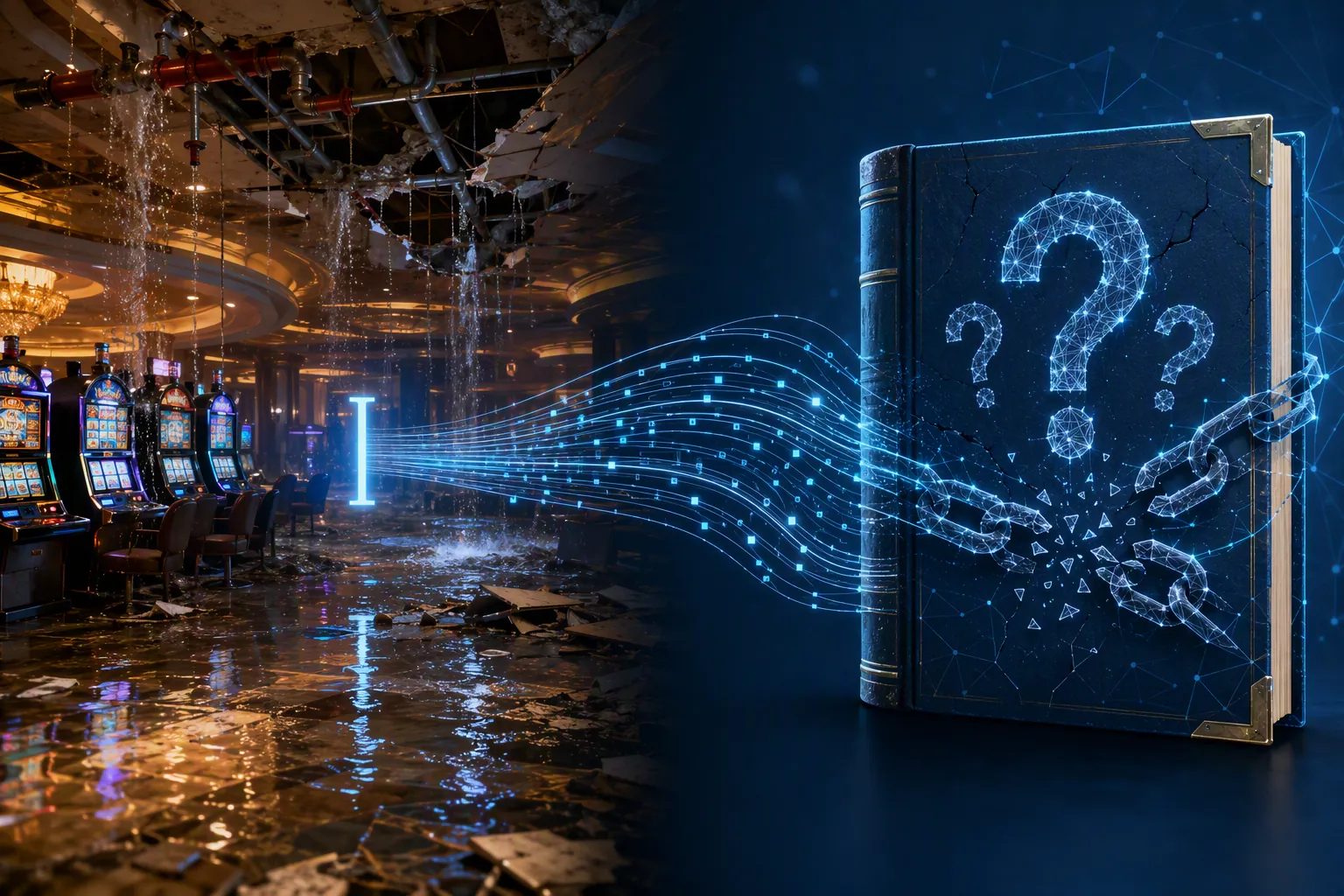 Editorial illustration of a flooded casino lobby turning into a law book with broken chain links and question marks