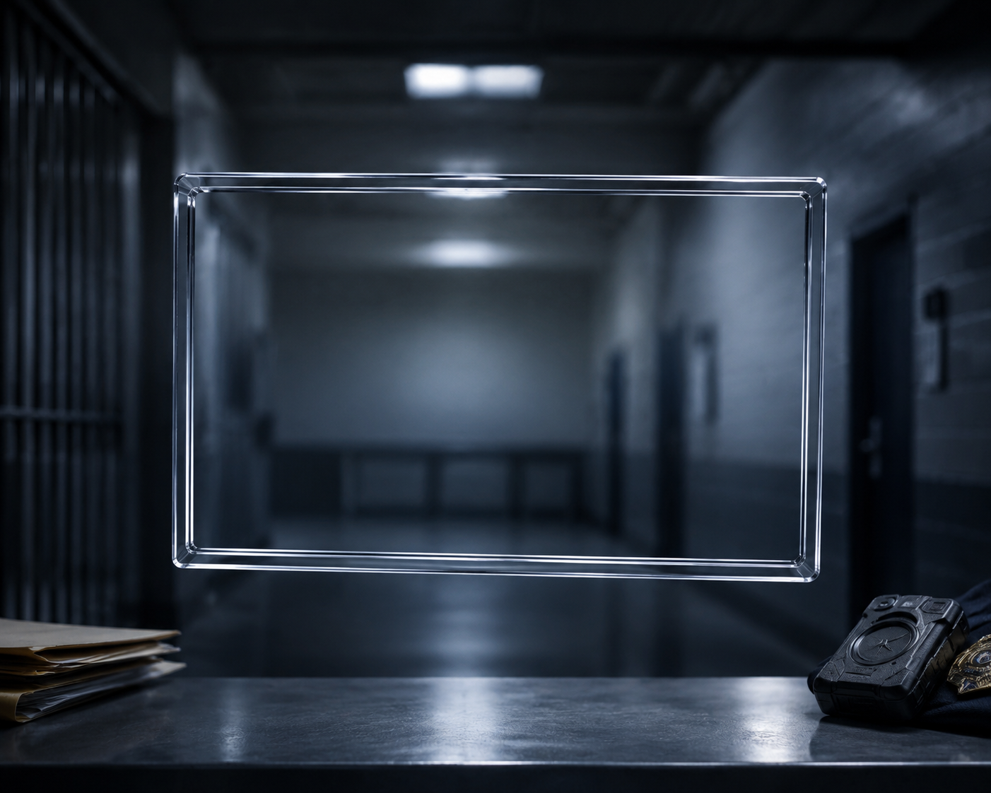 Empty rectangular frame in a dim institutional corridor suggesting a missing evidentiary record