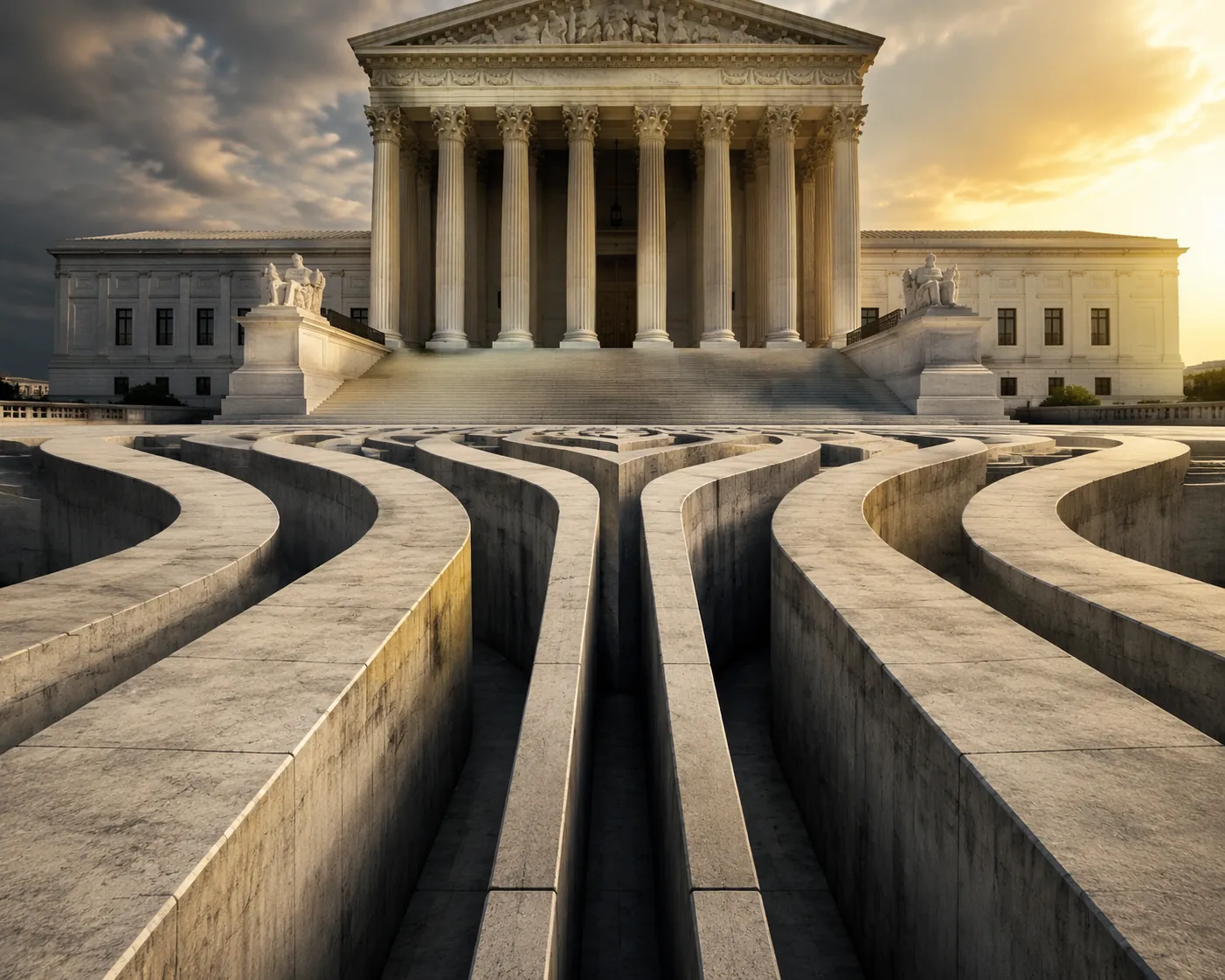 Multiple legal pathways narrowing in front of a courthouse facade after a TPS termination ruling