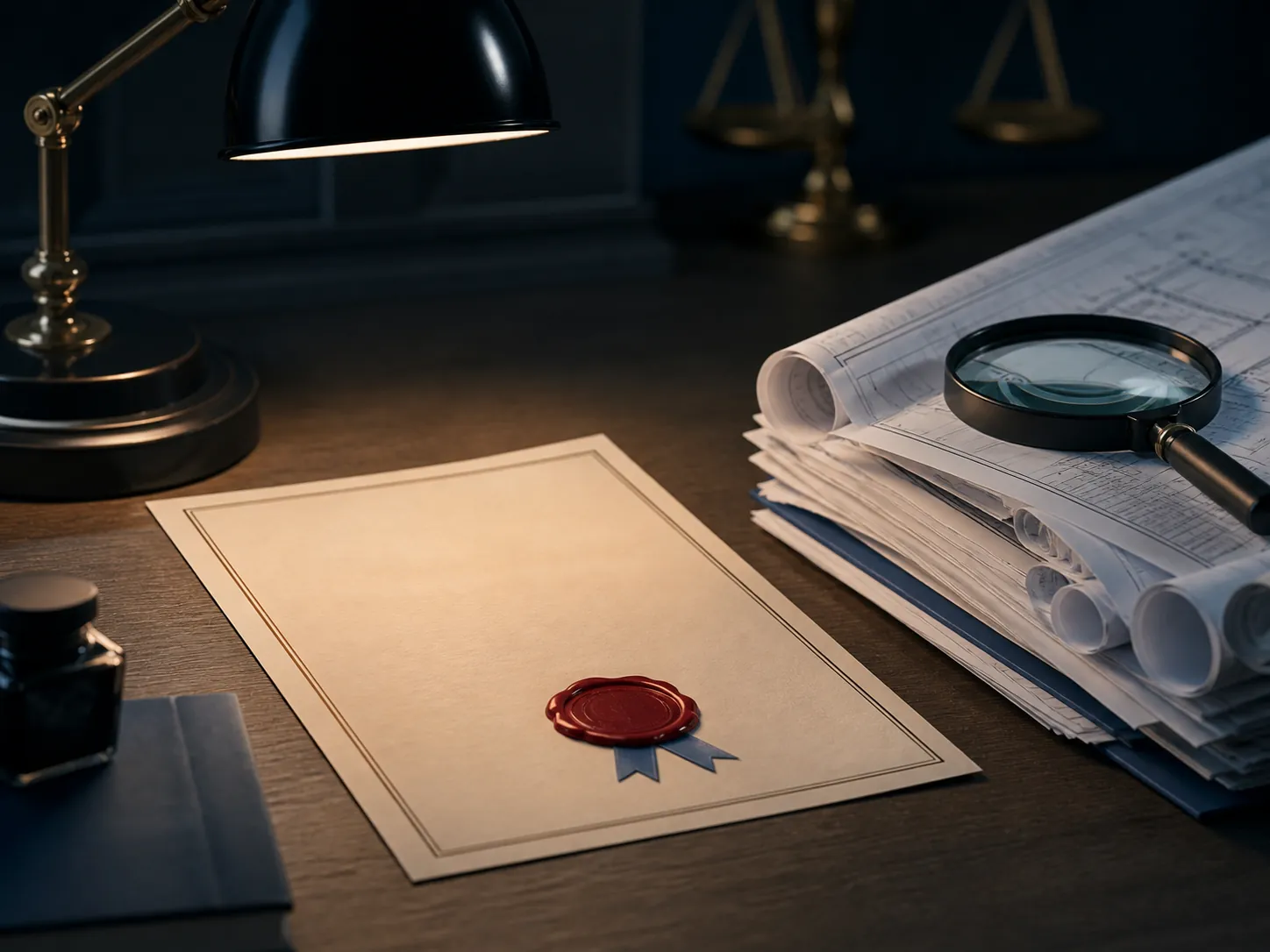 Blueprints and contractor inspection forms beside a sealed legal document under a desk lamp