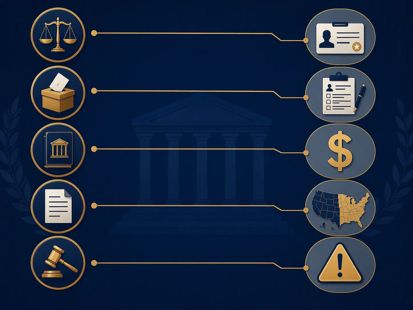 Legal precedent icons connected to voter ID, registration, cost, federalism, and warning symbols