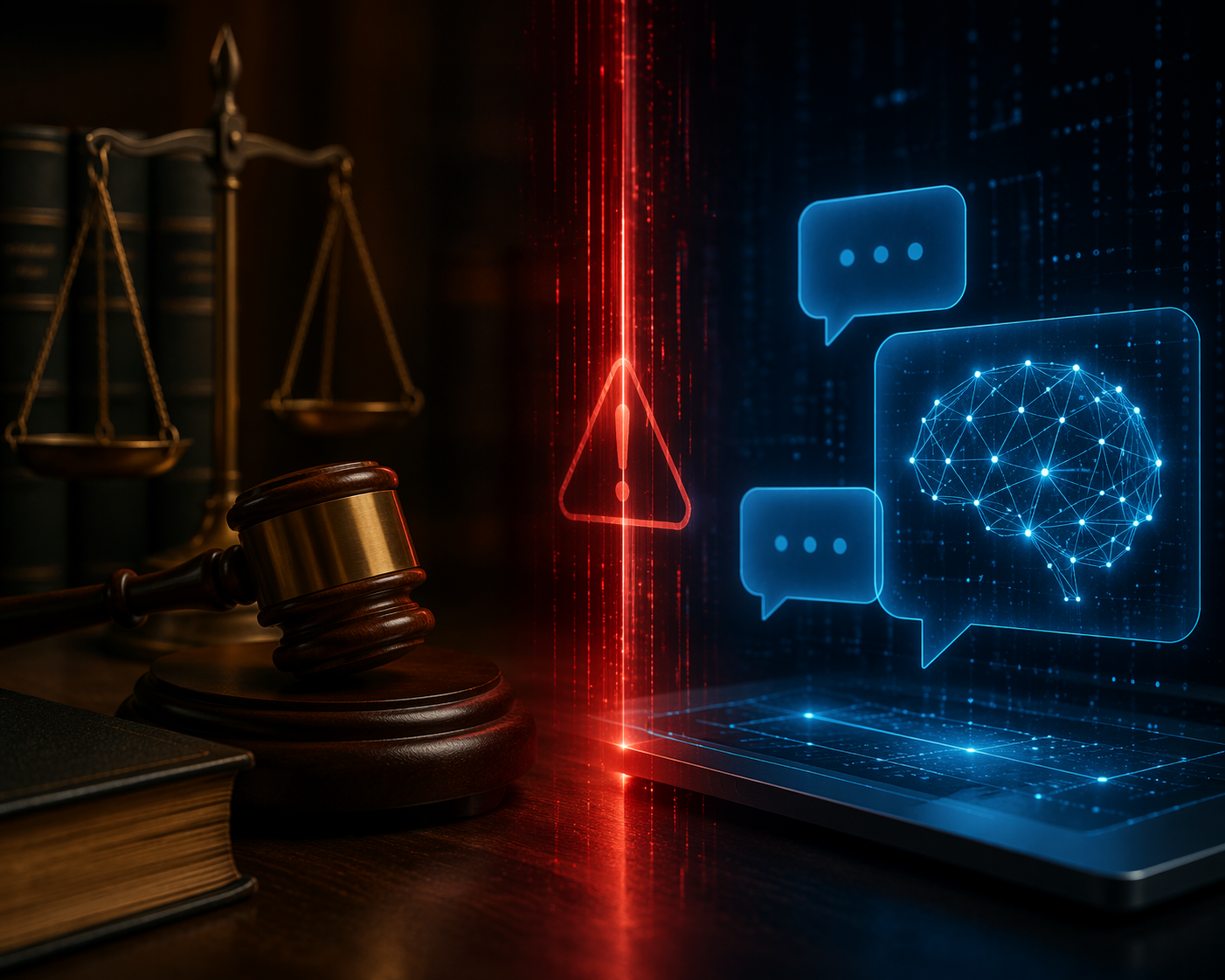 Gavel and law book beside a glowing AI chat interface with an amber warning glow