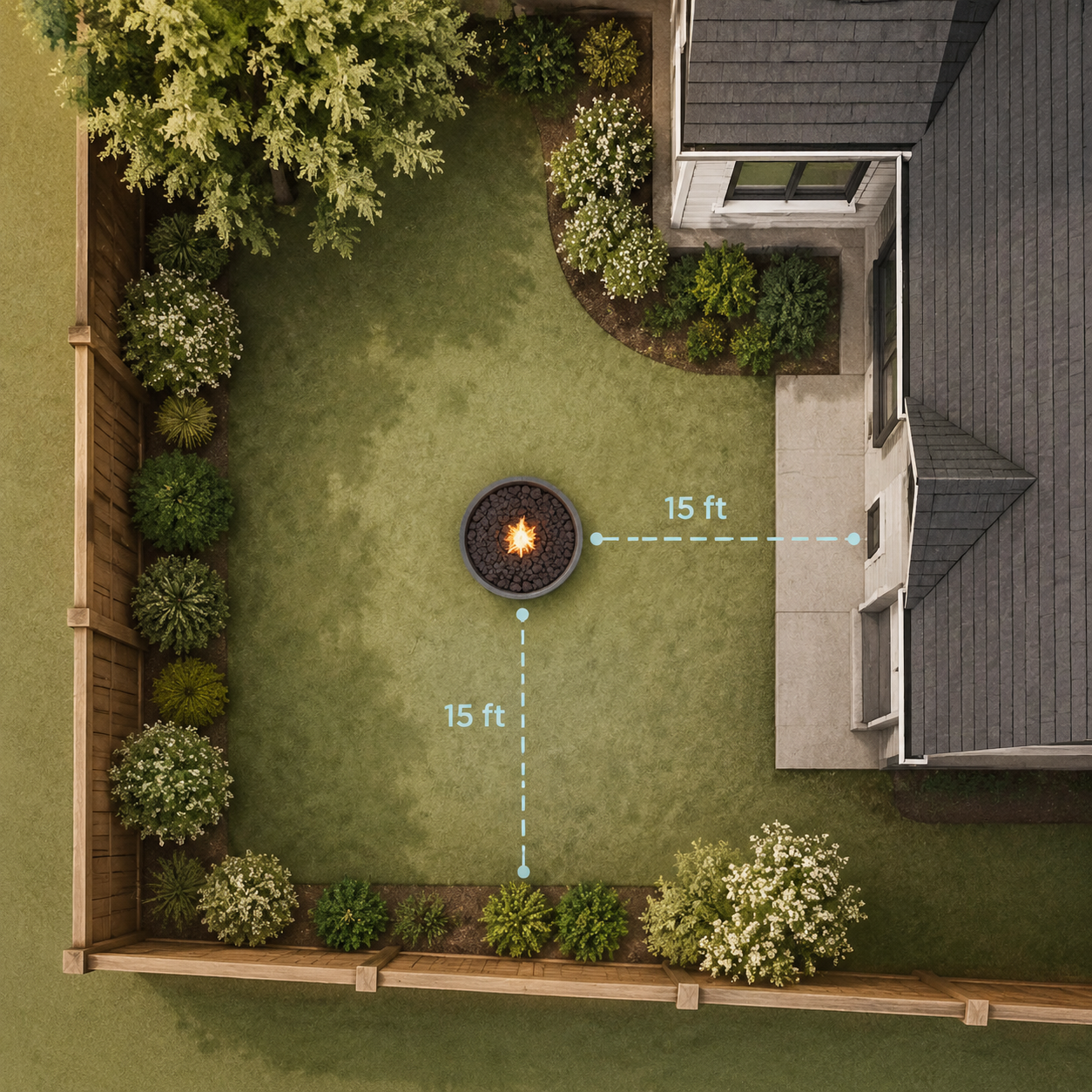 Top-down property diagram showing a fire pit with 15-foot setback lines to a house and fence
