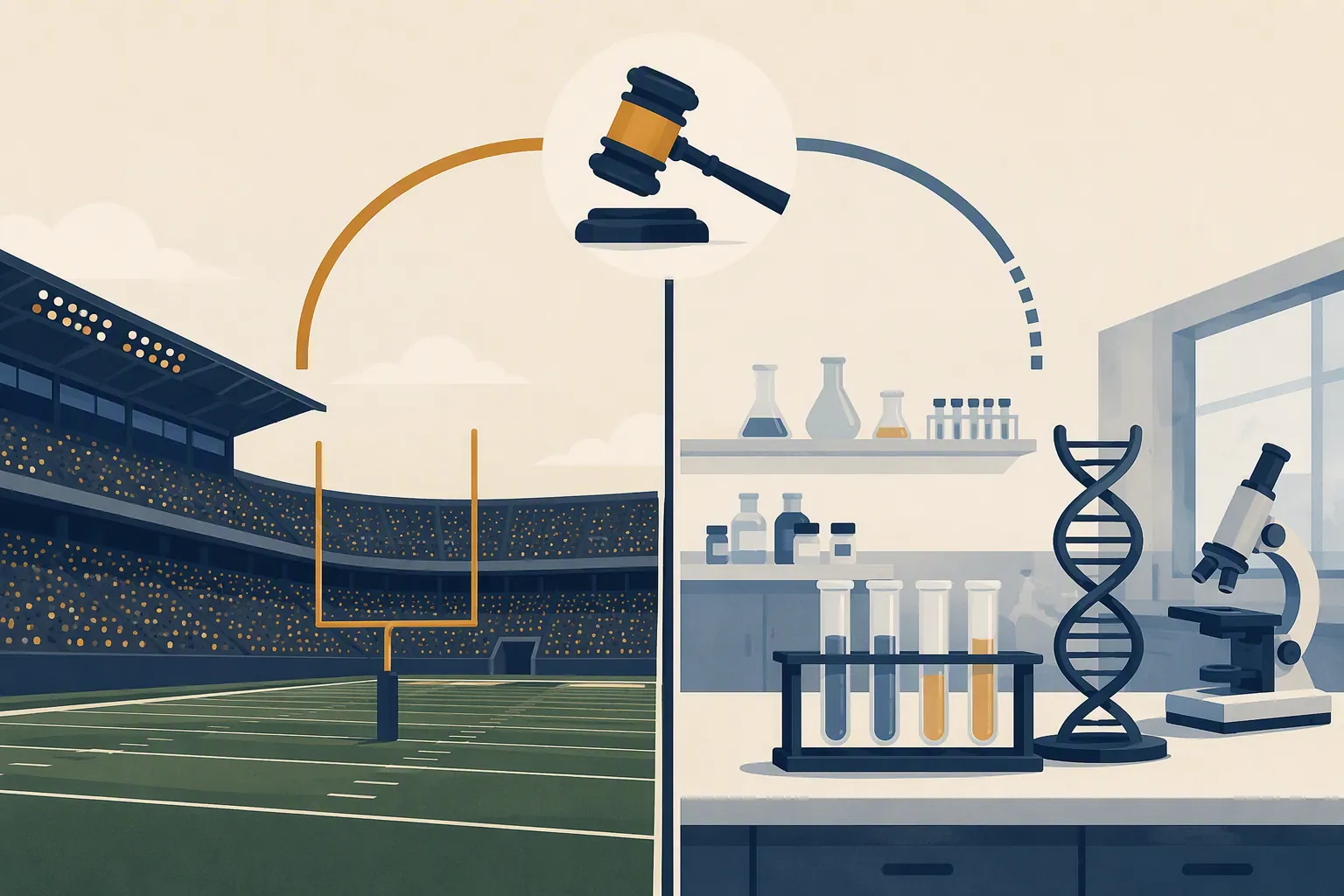 Football stadium and clinical research bench divided under a judge's gavel