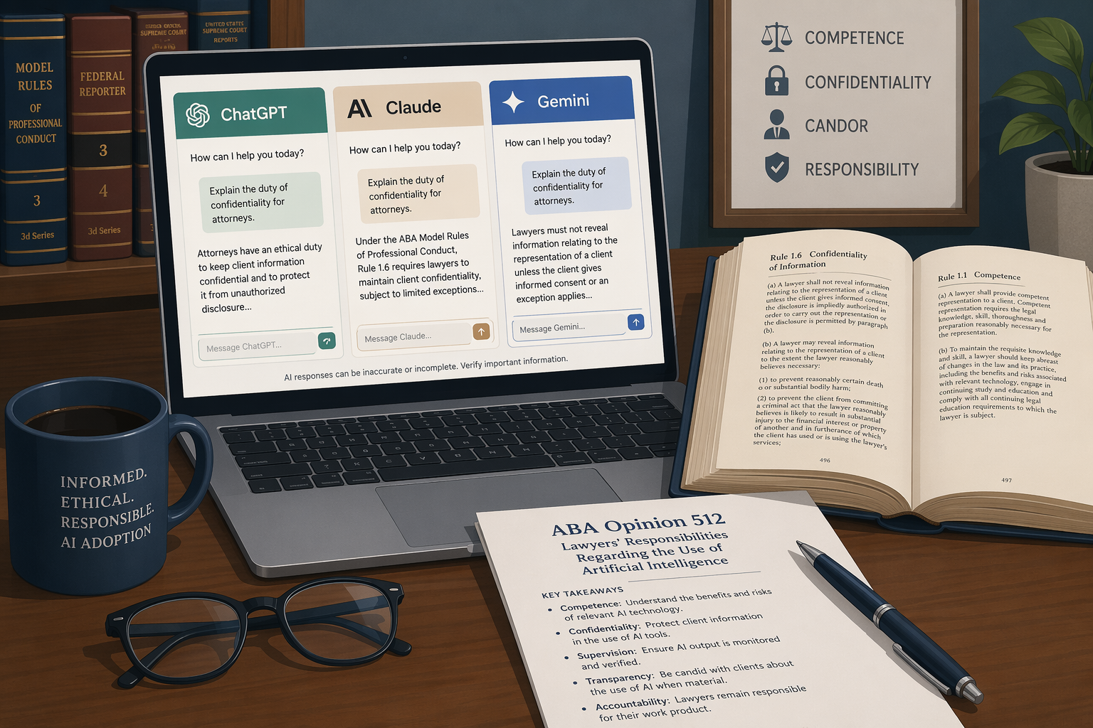 A flat vector illustration of a lawyer's wooden desk featuring an open laptop displaying three labeled AI chatbot interface panels in muted blue, gray, and green tones, beside an open law book and a printed document titled 'ABA Opinion 512', with eyeglasses and a coffee cup completing the scene.
