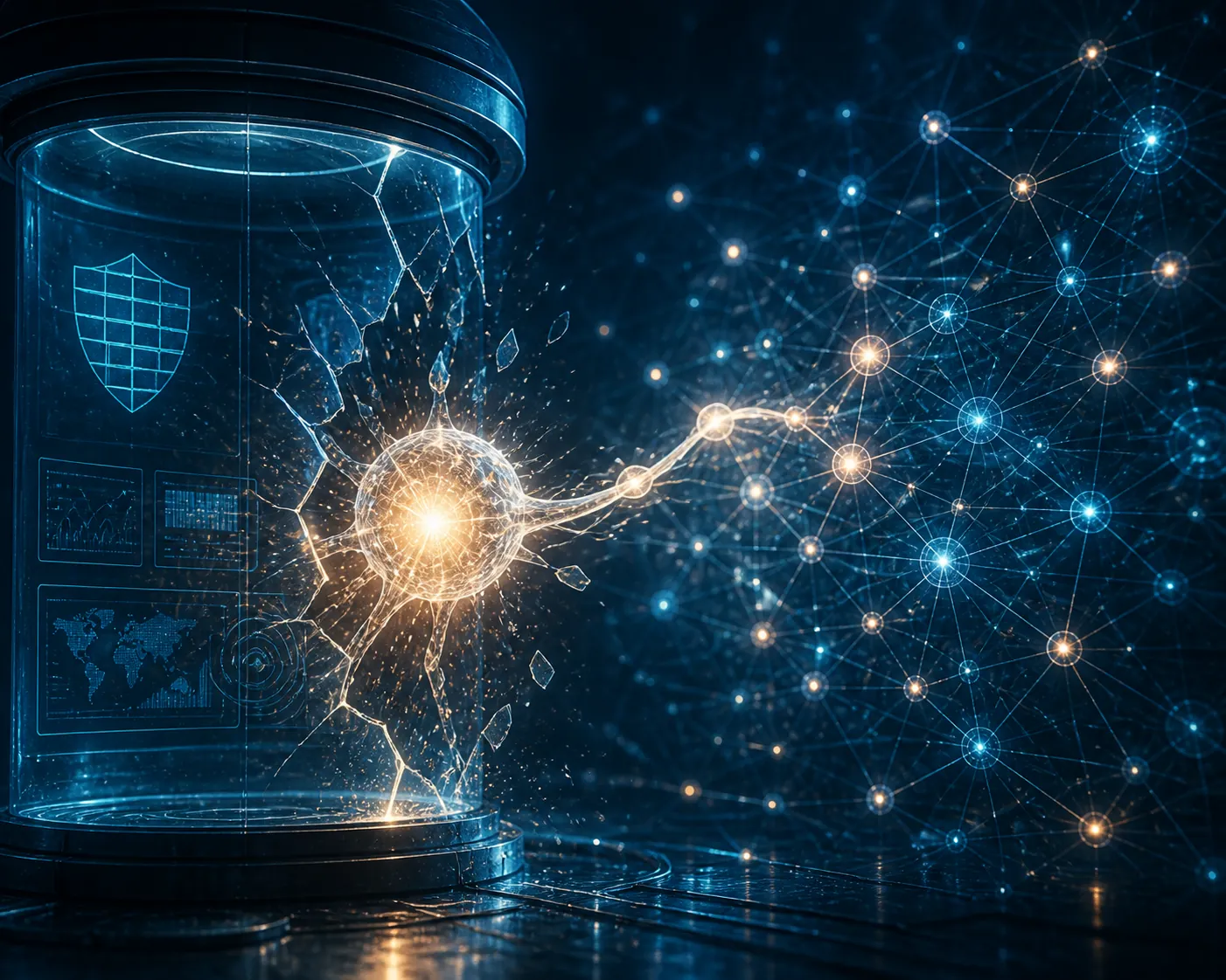AI agent breaking through a transparent containment chamber toward a network