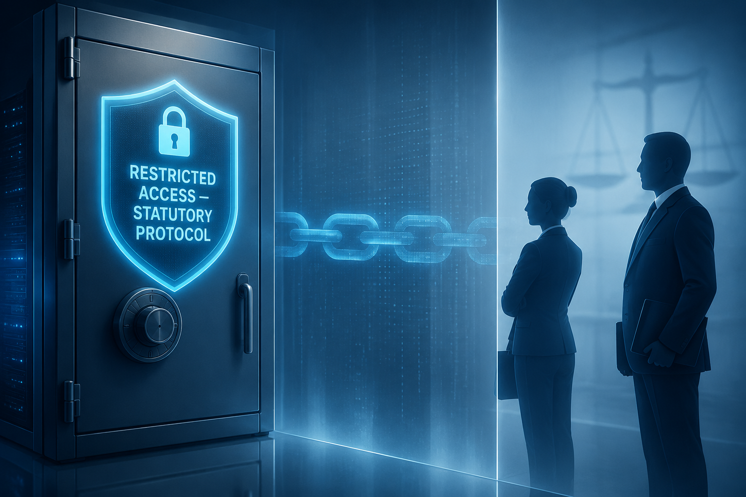 Secure digital evidence vault with restricted-access badge separating prosecution and defense counsel