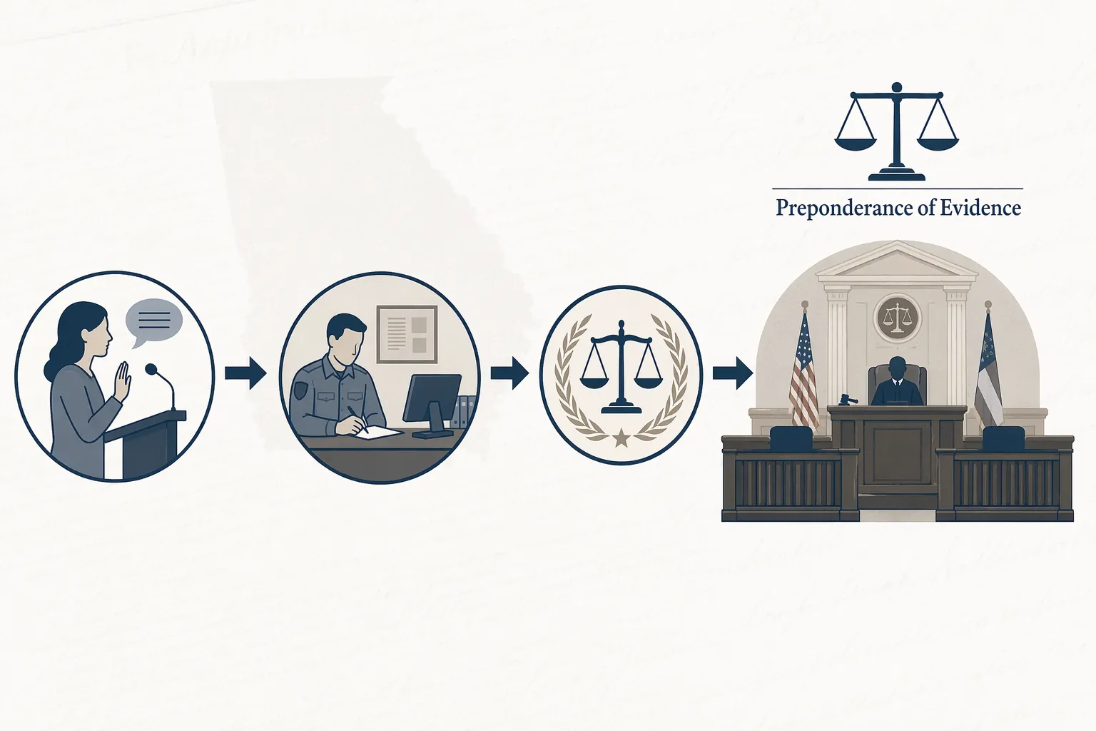 Infographic showing a civilian complaint moving through probation, prosecution, and a court applying a preponderance of evidence standard