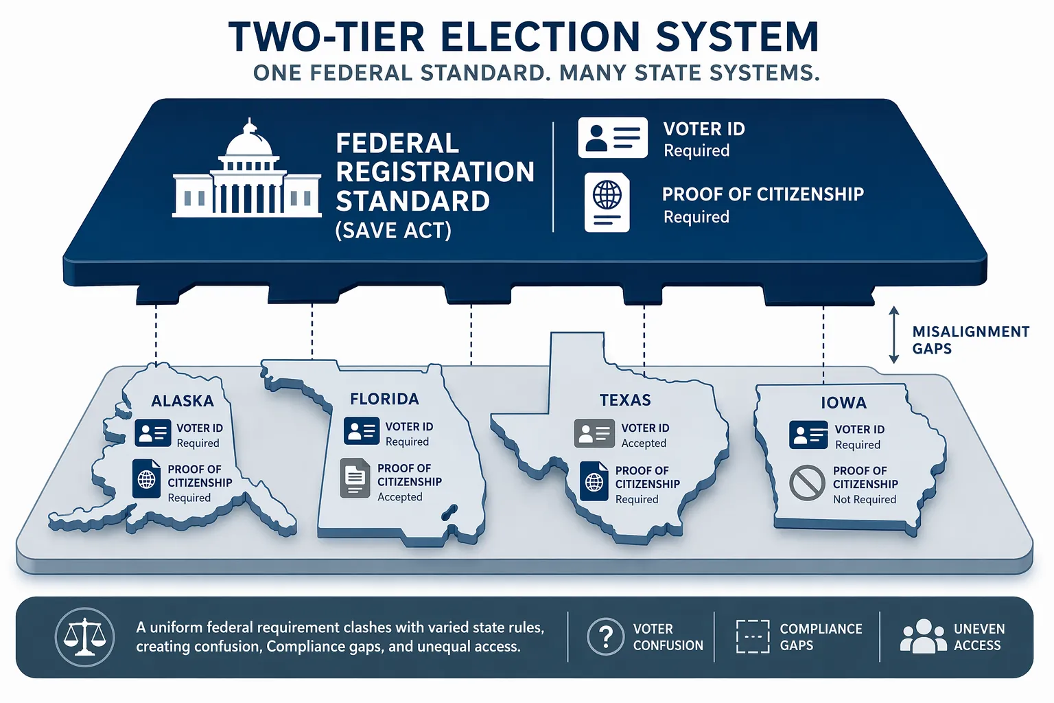 Two-tier election system illustration showing a federal registration standard misaligned with Alaska, Florida, Texas, and Iowa state practices