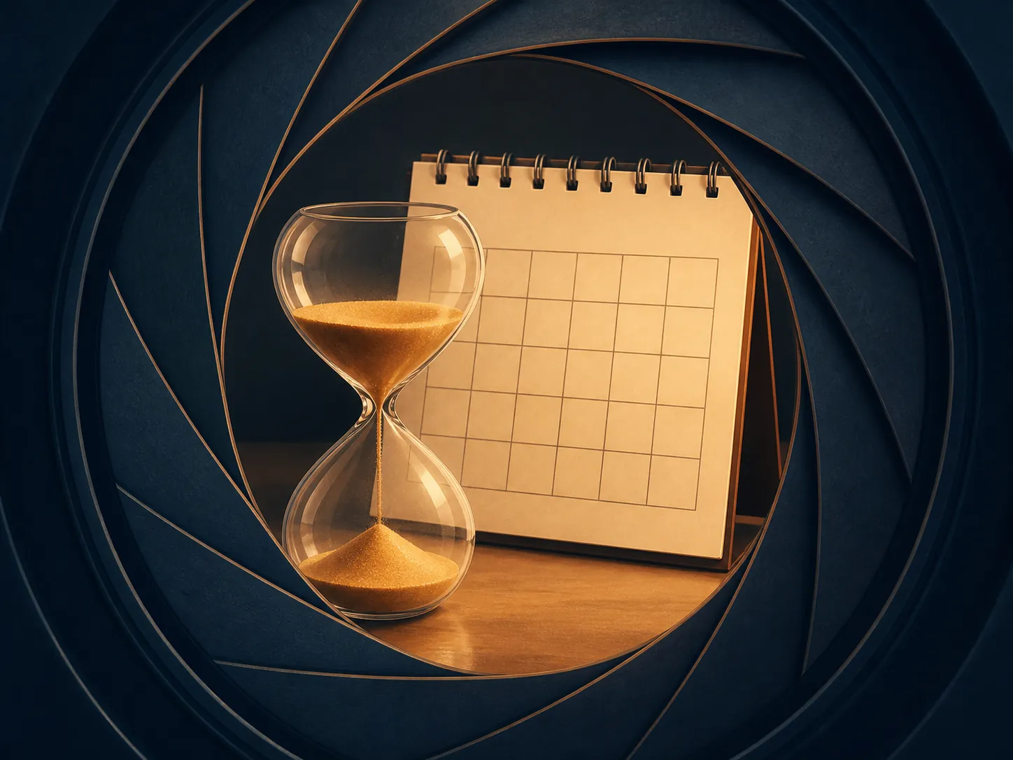 Hourglass inside a camera shutter with a blank calendar sheet