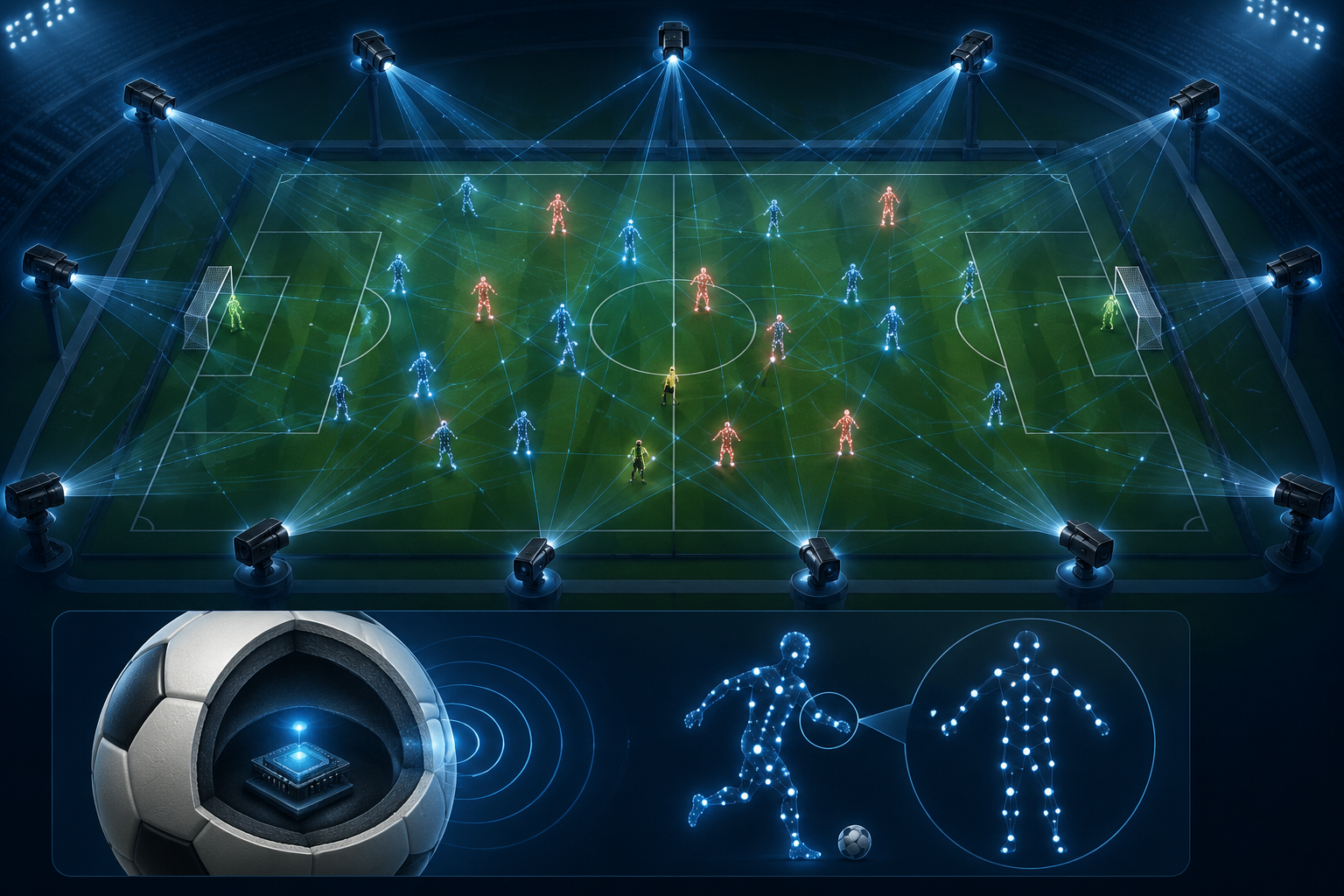 Bird's-eye football pitch showing twelve camera positions, player tracking points, and an inset sensor-equipped ball transmitting data
